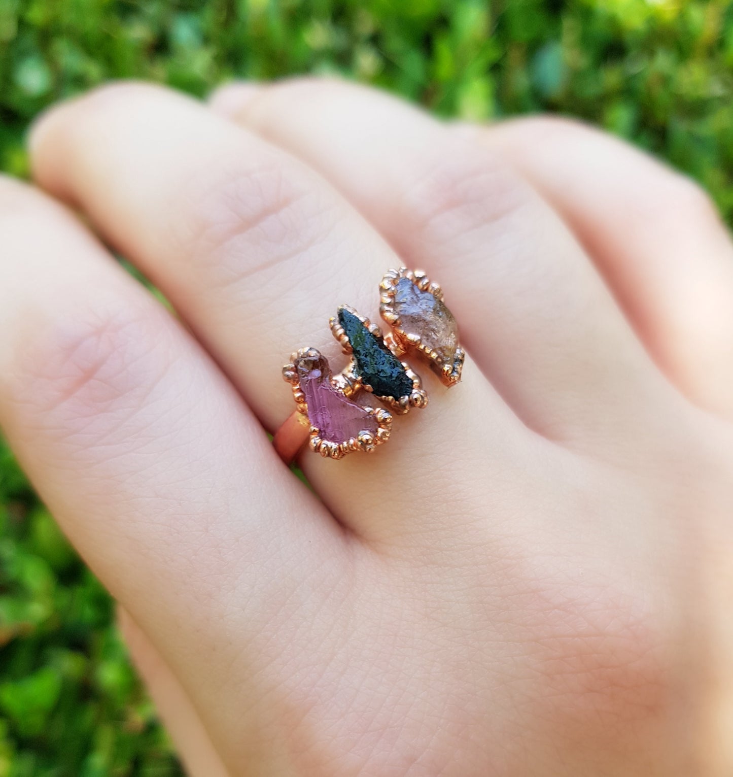 Raw Tourmaline Electroformed Copper Ring Multi Stone Stackable Ring Size US 8 1/4 Multi Stone Stacking Rings One Of A Kind Ring Crystal Ring