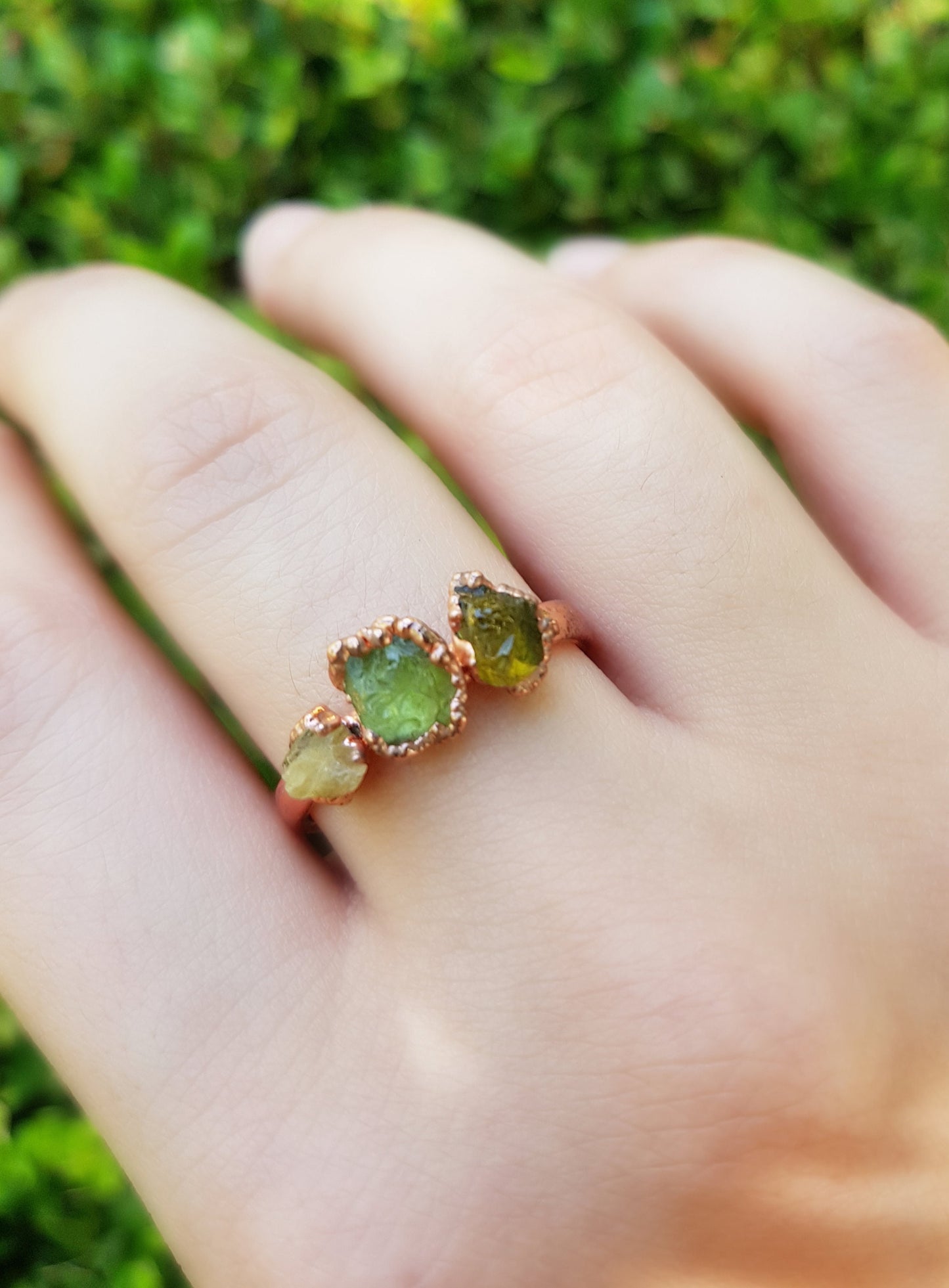 Raw Peridot Electroformed Copper Ring Statement Ring One Of A Kind Ring Crystal Ring