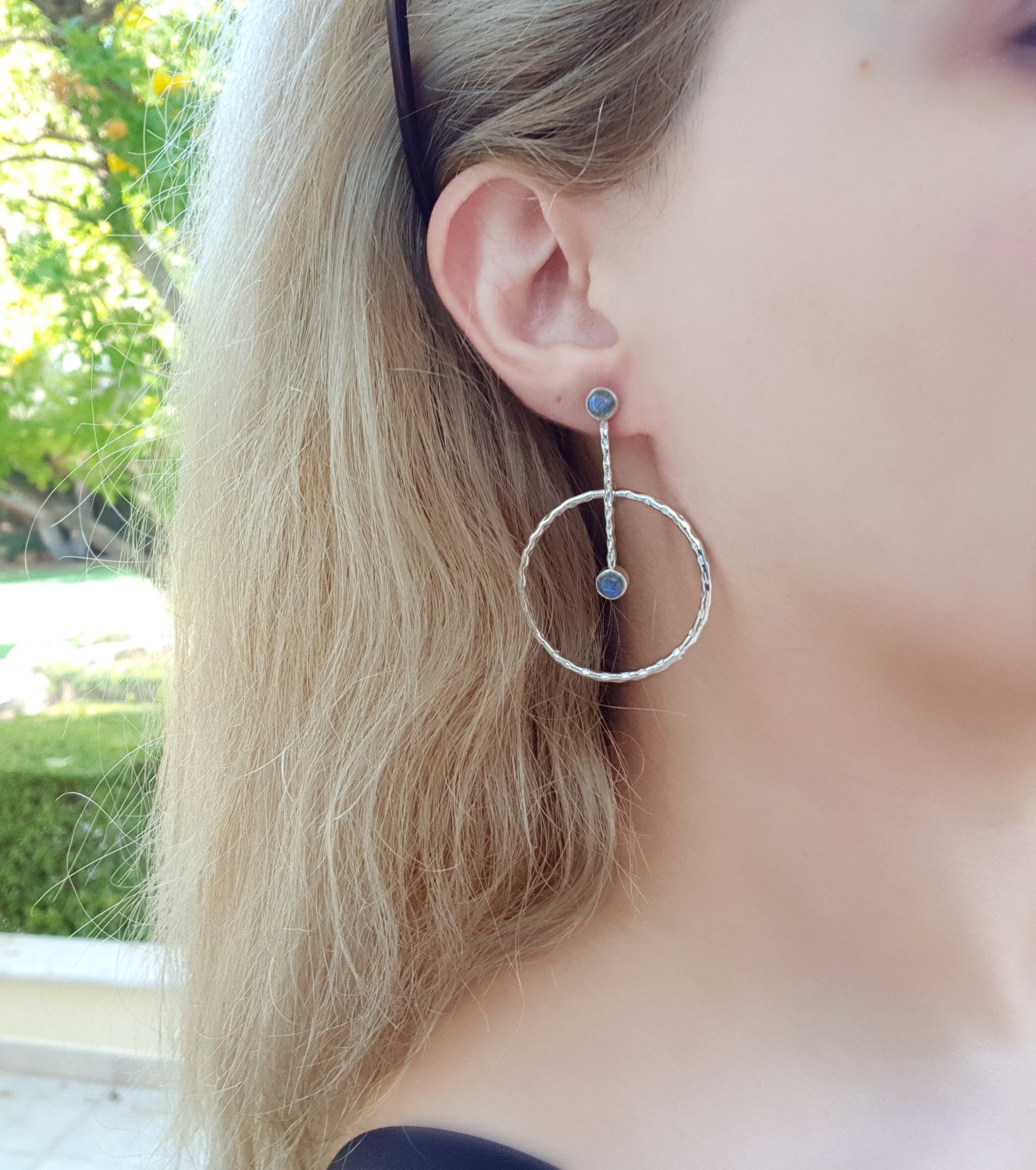 Labradorite Dangle Earrings Sterling Silver Statement Earrings Boho Earrings Minimal Circle Earrings Unique Gift For Her