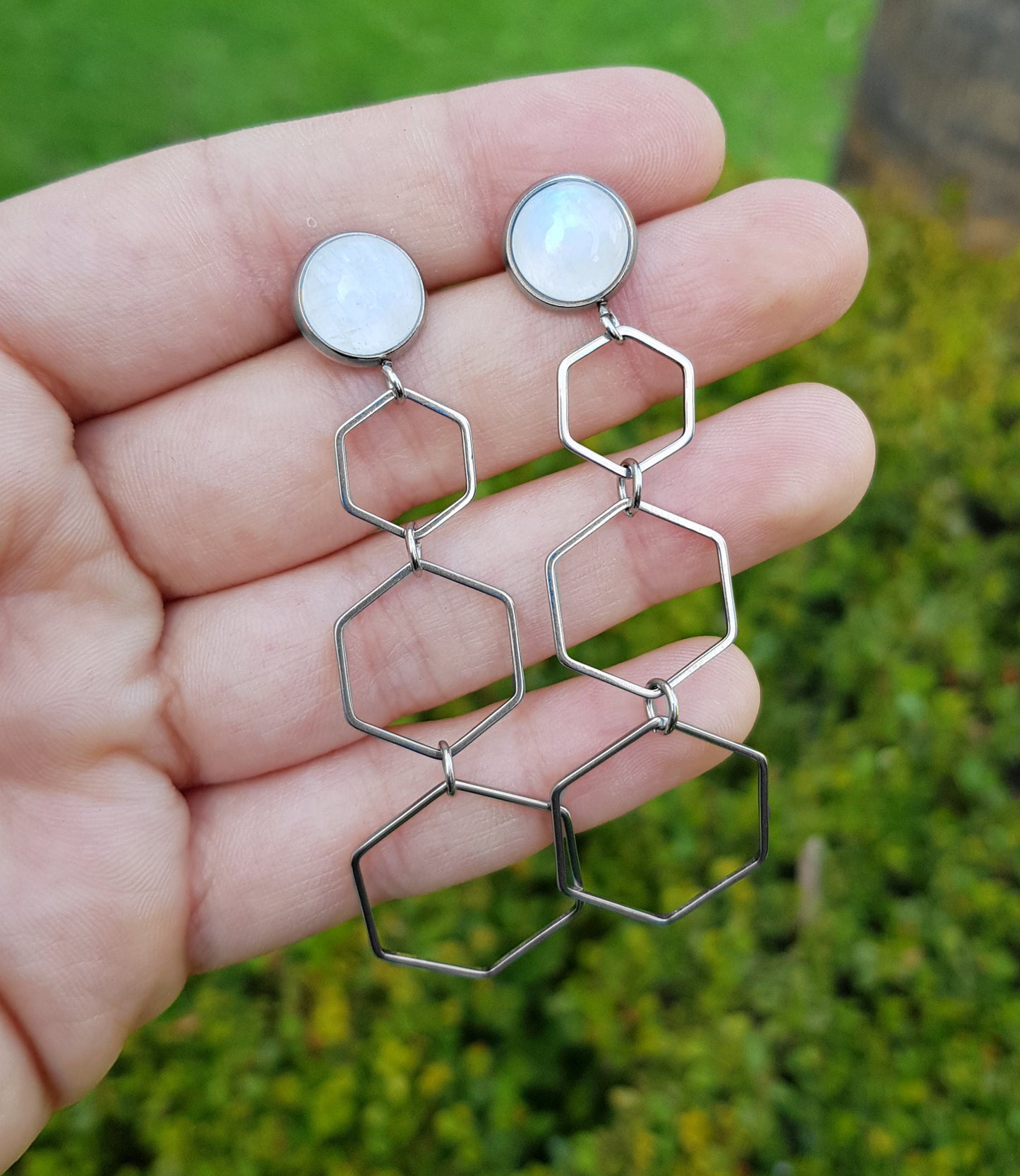 Hexagon Earrings Long Dangle Earrings Labradorite Earrings Moonstone Earrings Hypoallergenic Stainless Steel Earrings Personalised Earrings