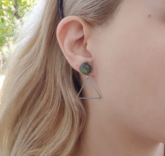 Triangle Earrings Crystal Dangle Earrings, Stud Earrings Labradorite Earrings, Rainbow Moonstone Earrings, Minimal Earrings