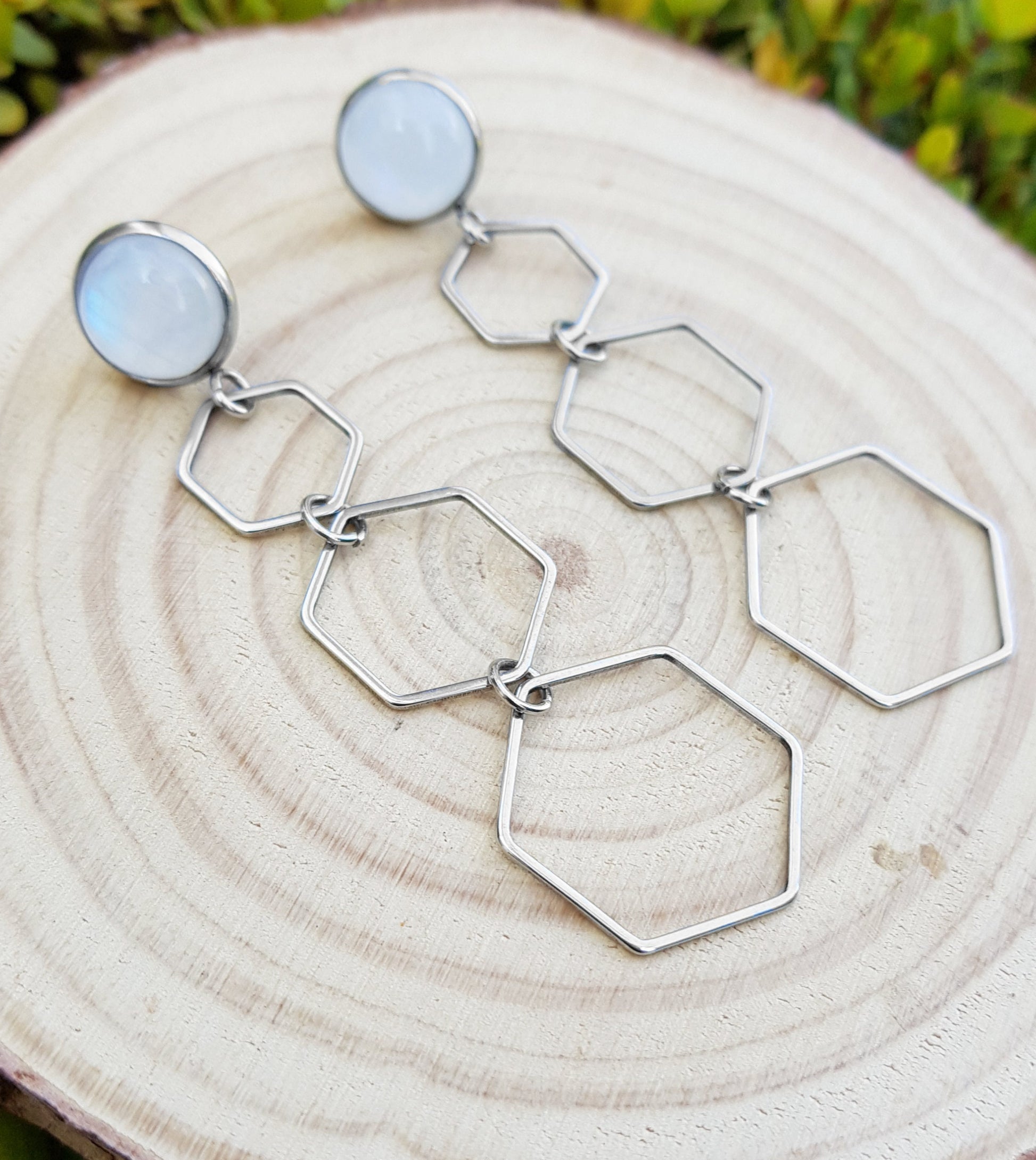 Hexagon Earrings Long Dangle Earrings Labradorite Earrings Moonstone Earrings Hypoallergenic Stainless Steel Earrings Personalised Earrings