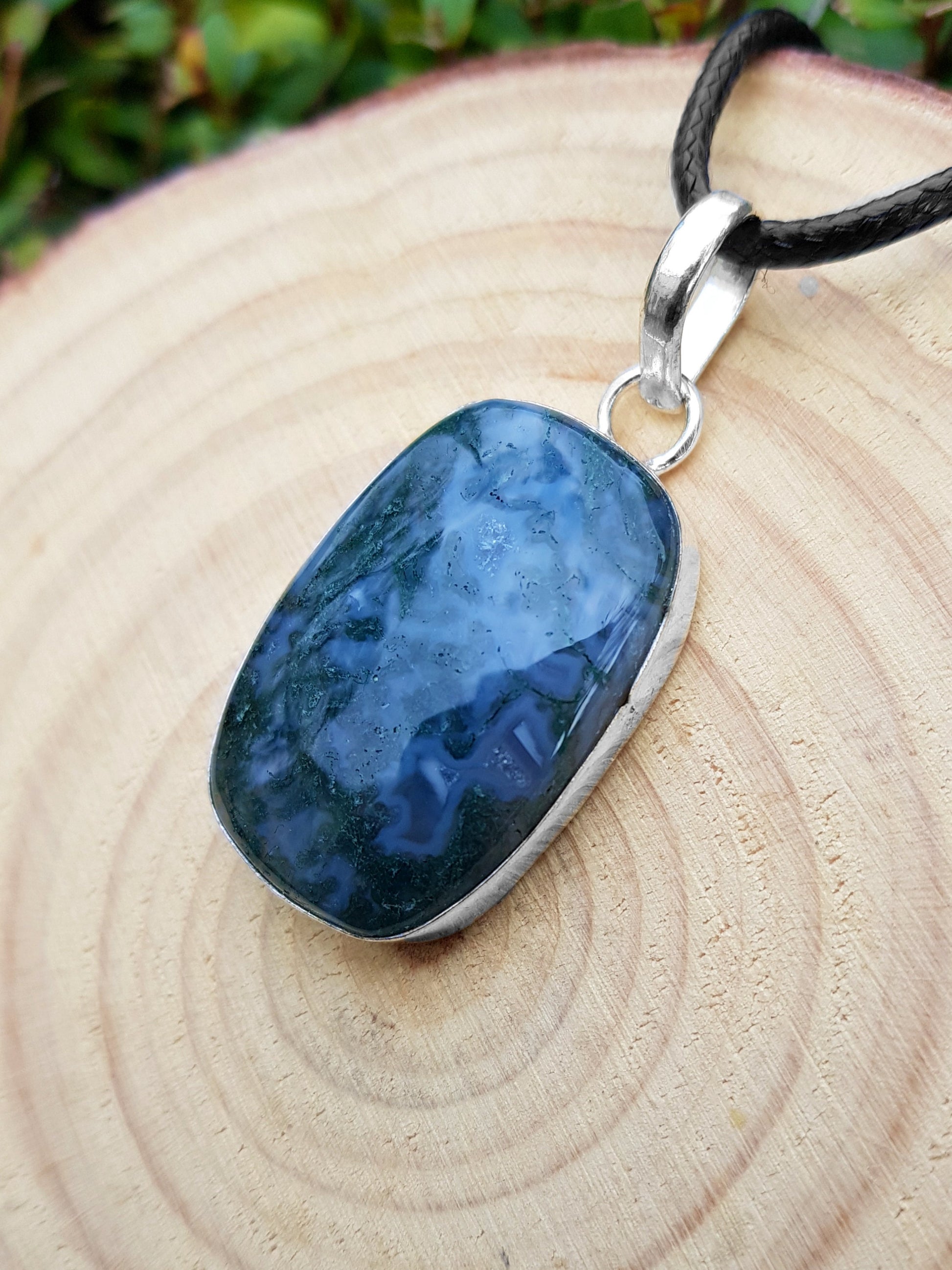 Moss Agate Pendant Statement Necklace In Sterling Silver Boho Gemstone Pendant One Of A Kind Jewelry Unique Gift