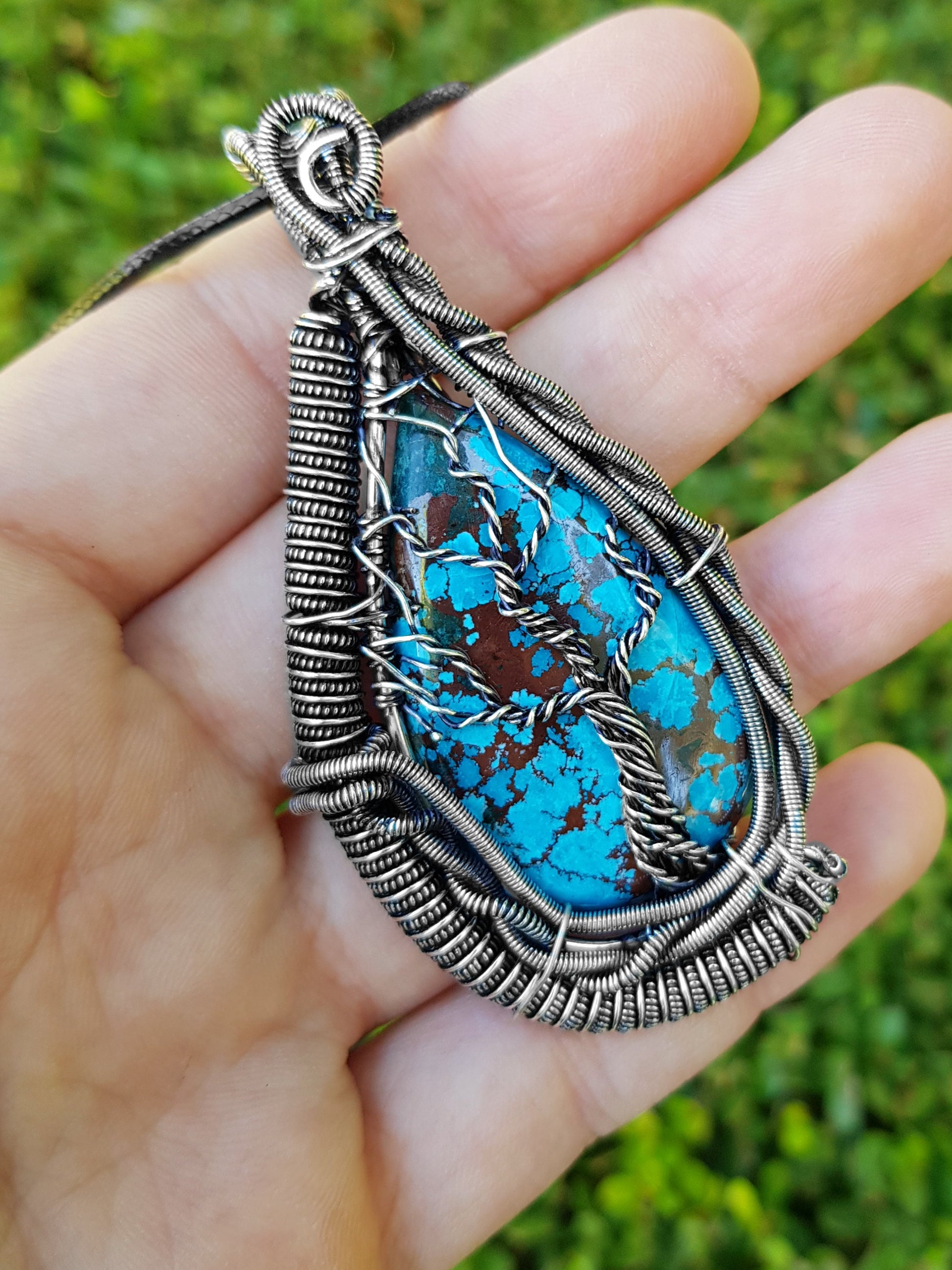 Turquoise Wire Wrapped Pendant In Sterling Silver Statement Necklace One Of A Kind Jewelry