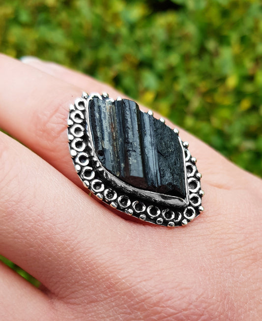 Rough Black Tourmaline Ring Size US 6 1/4 Big Statement Ring In Sterling Silver Boho Ring Ethnic Ring Unique Gift
