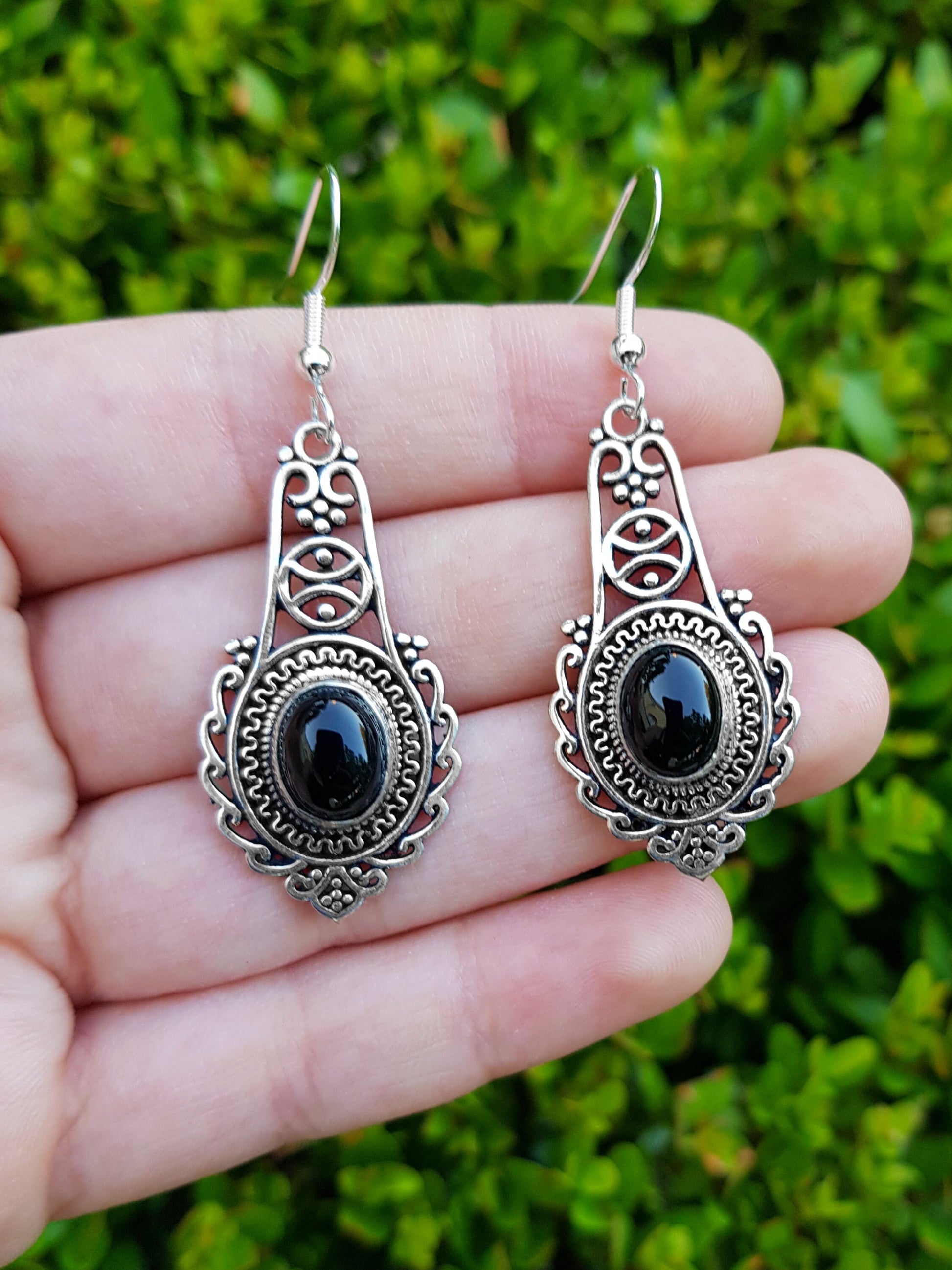 Black Onyx Earrings In Sterling Silver Dangle Statement Earrings Boho Ethnic Earrings Gem Stone Earrings GypsyJewelry