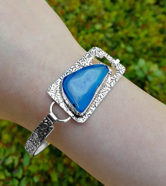 Blue Agate Bracelet In Sterling Silver Adjustable Bracelet Boho Crystal Bracelet GypsyJewelry