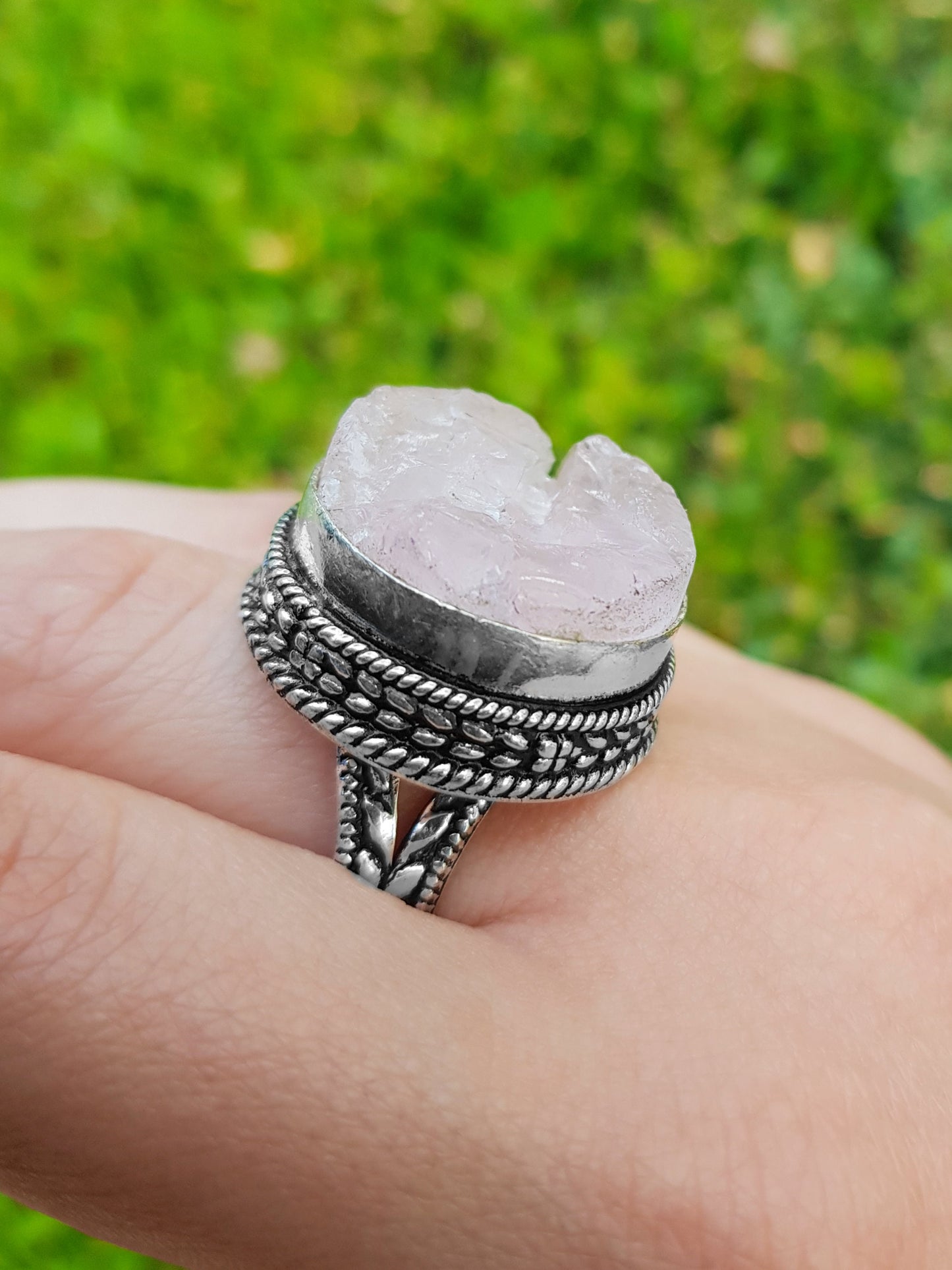 Rough Pink Rose Quartz Gemstone Ring In Sterling Silver Size US 9 Big Statement Ring
