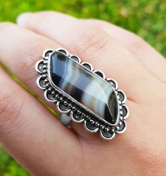 Botswana Agate Ring In Sterling Silver Size US 8 1/4 Statement Ring One Of A Kind