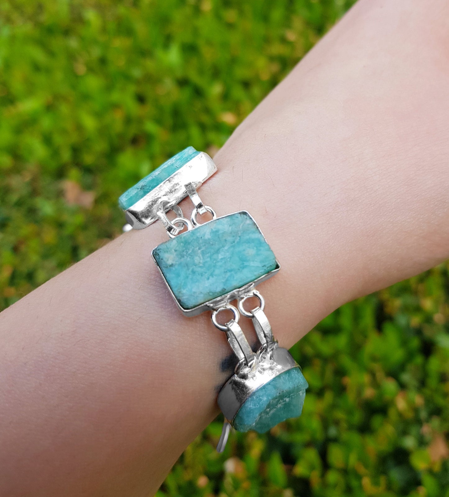 Raw Amazonite Multi Stone Bracelet In Fine Sterling Silver Adjustable Cuff Bracelet Gift For Her