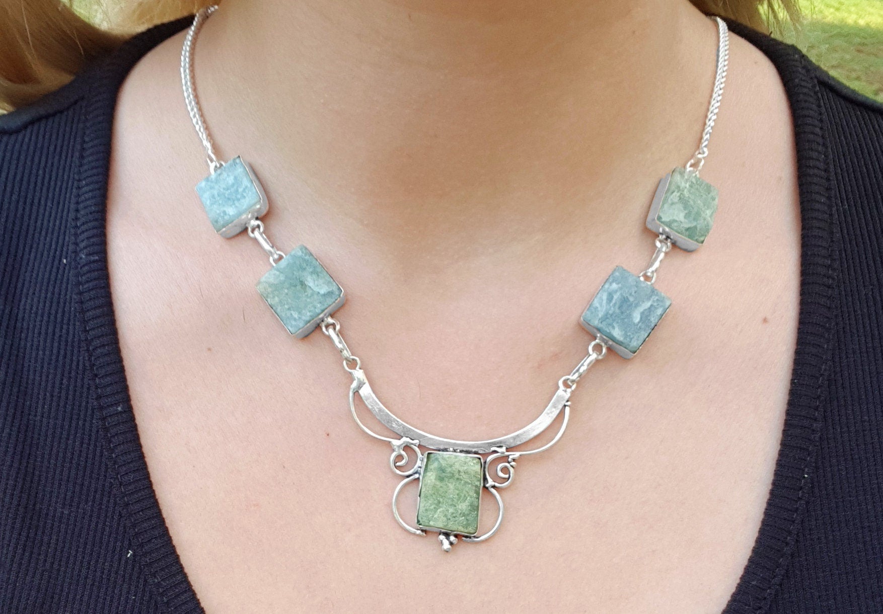 Natural Raw Aquamarine Multi Stone Pendant In Sterling Silver Statement Necklace Boho Gemstone Jewelry GypsyJewelry
