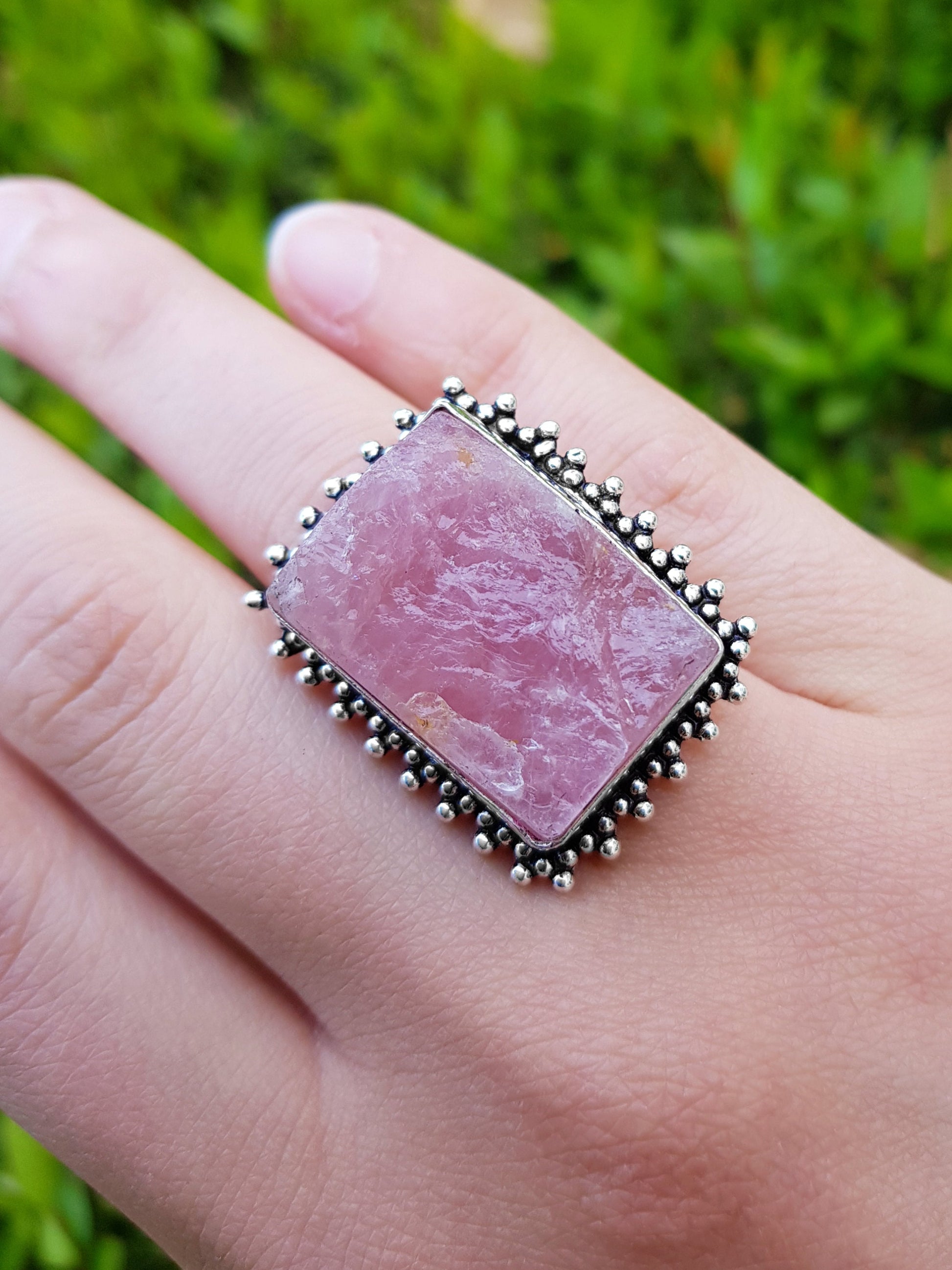 Rough Pink Rose Quartz Gemstone Ring In Sterling Silver Size US 7 3/4 Big Statement Ring