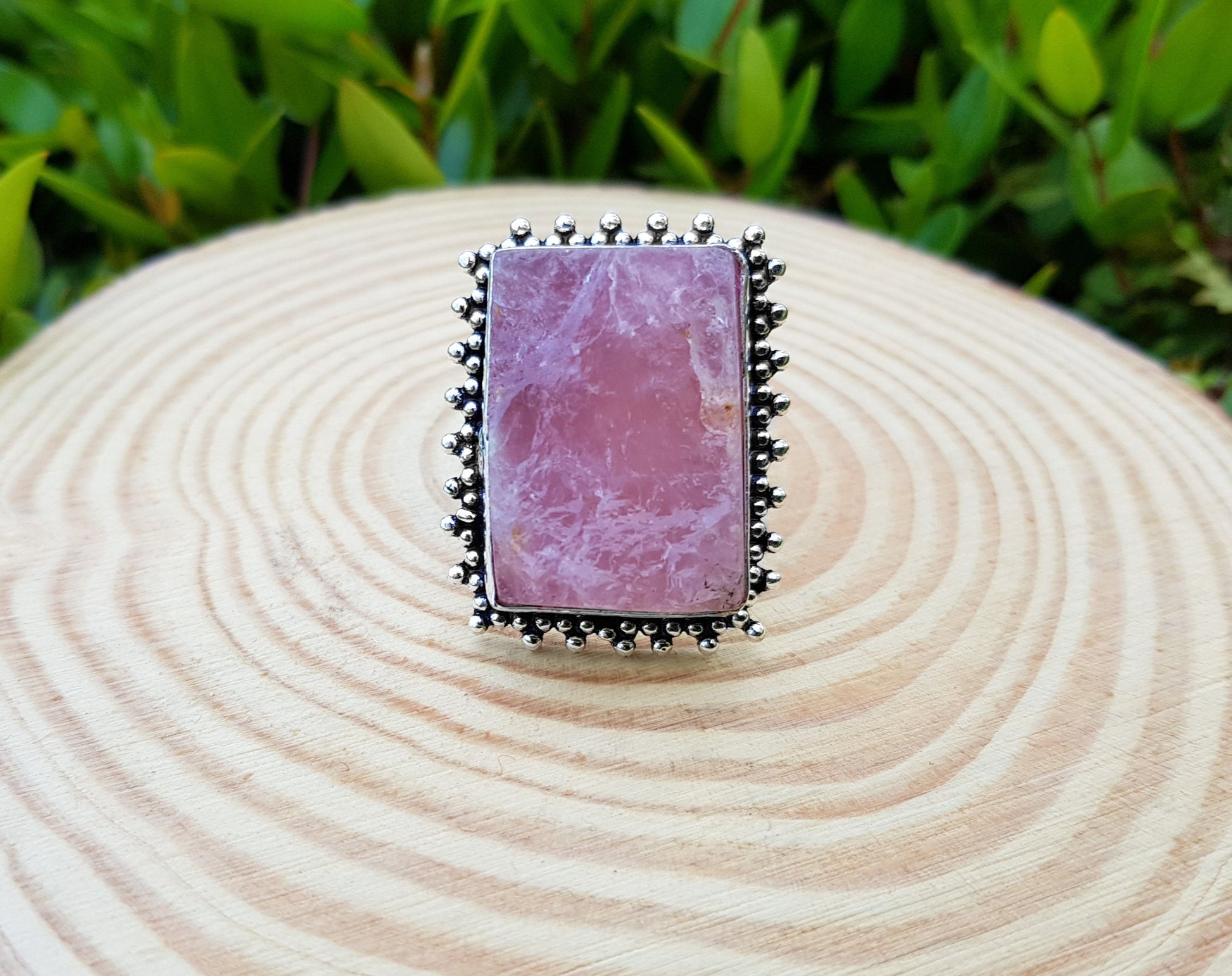 Rough Pink Rose Quartz Gemstone Ring In Sterling Silver Size US 7 3/4 Big Statement Ring