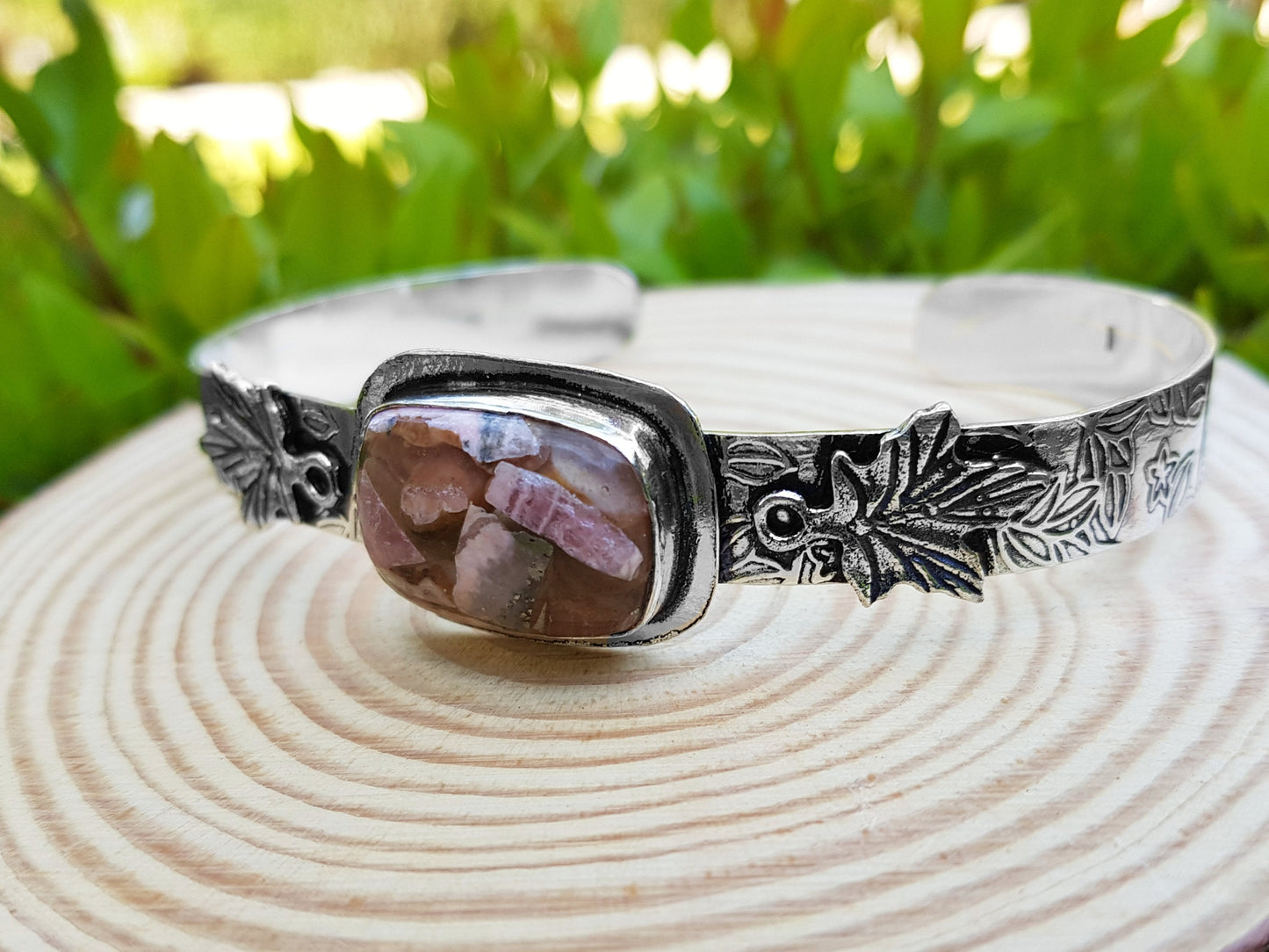 Rhodochrosite Bangle Bracelet In Sterling Silver Boho Statement Bracelet Adjustable Bracelet One Of A Kind