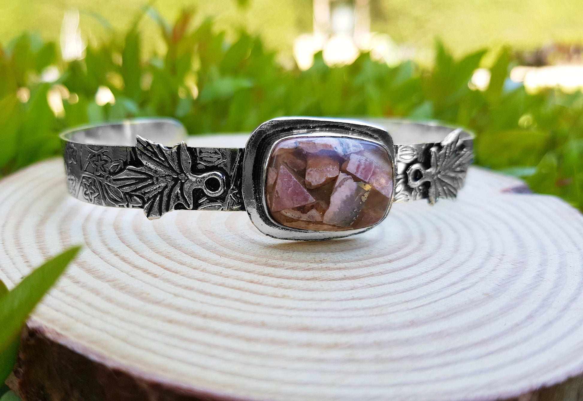 Rhodochrosite Bangle Bracelet In Sterling Silver Boho Statement Bracelet Adjustable Bracelet One Of A Kind