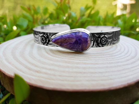 Purple Charoite Bracelet In Sterling Silver Statement Bracelt Adjustable Bracelet One Of A Kind