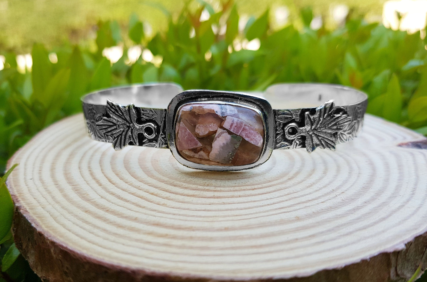 Rhodochrosite Bangle Bracelet In Sterling Silver Boho Statement Bracelet Adjustable Bracelet One Of A Kind