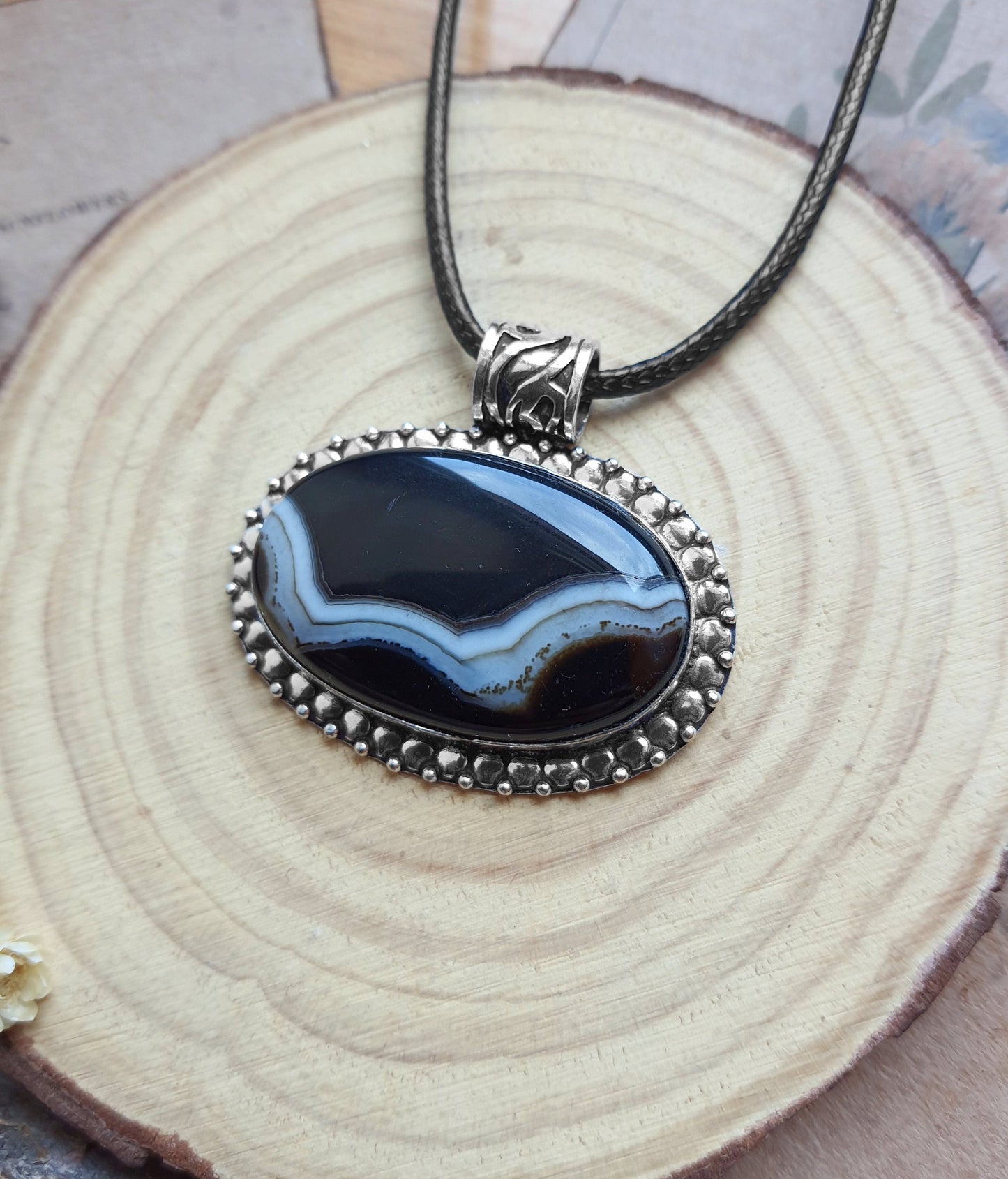 Botswana Agate Pendant In Sterling Silver Boho Crystal Necklace Unique Gift Unisex Necklace