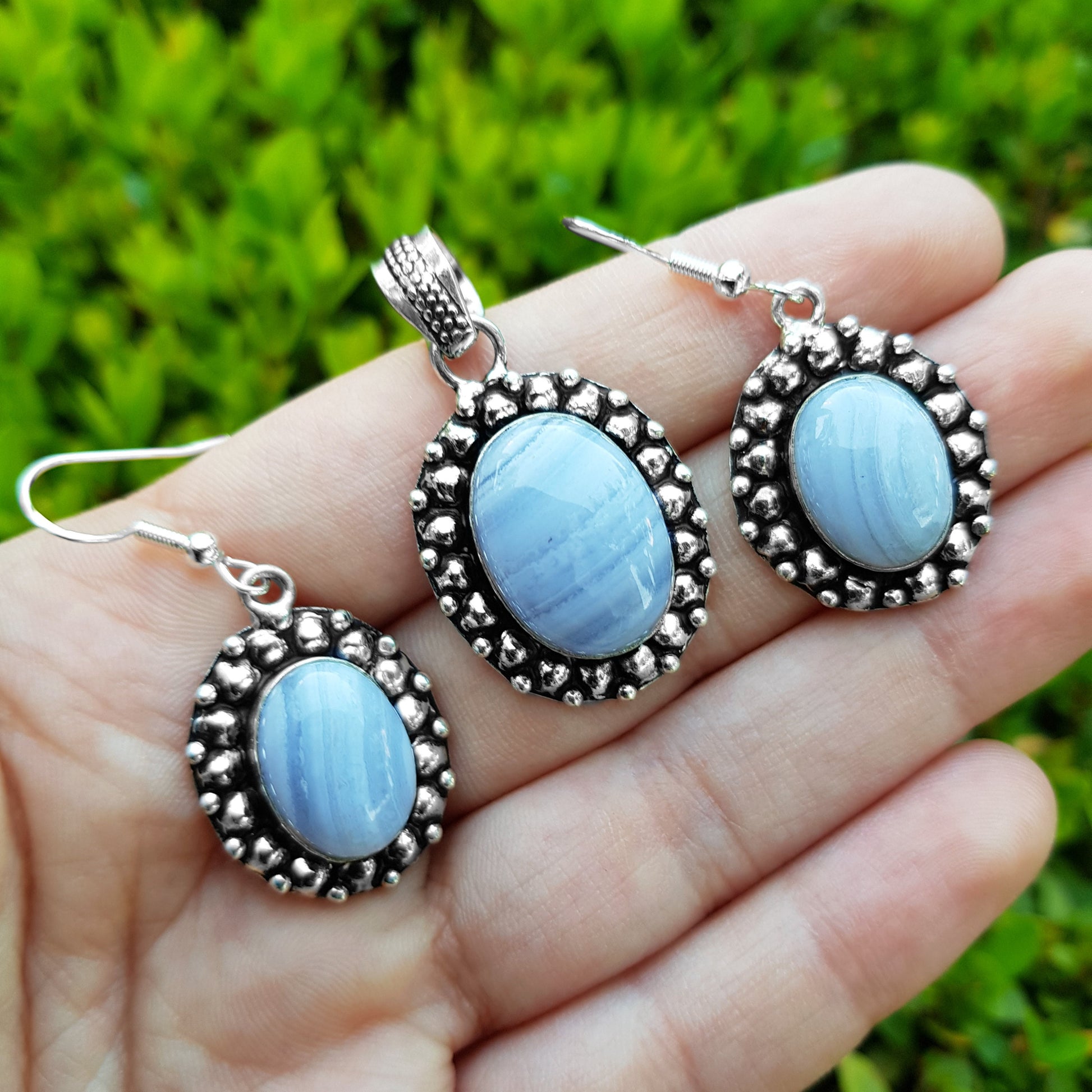 Blue Lace Agate Earrings And Pendant Set Statement Jewellery One Of A Kind Jewellery