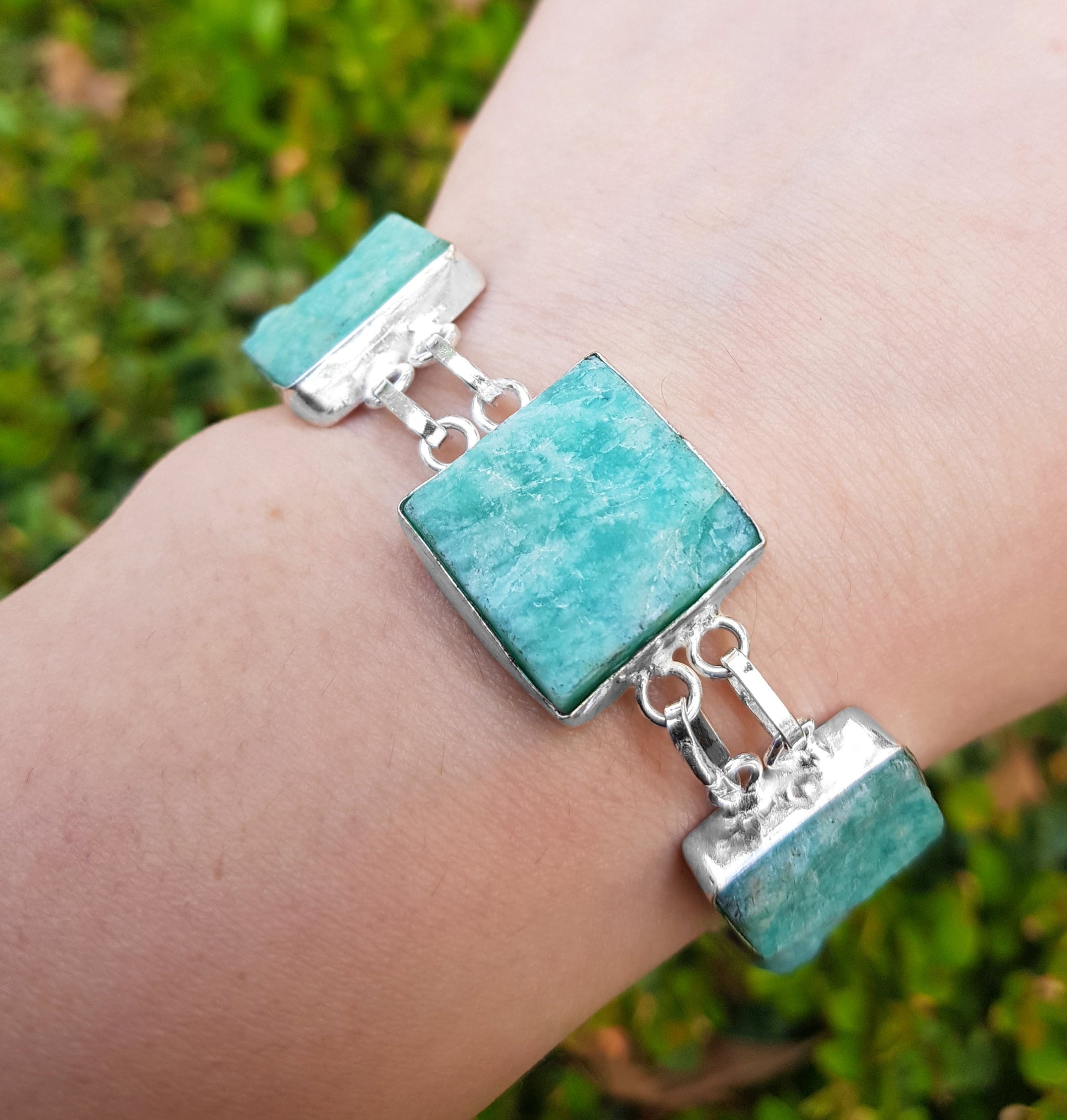 Raw Amazonite Multi Stone Bracelet In Fine Sterling Silver Adjustable Cuff Bracelet Gift For Her