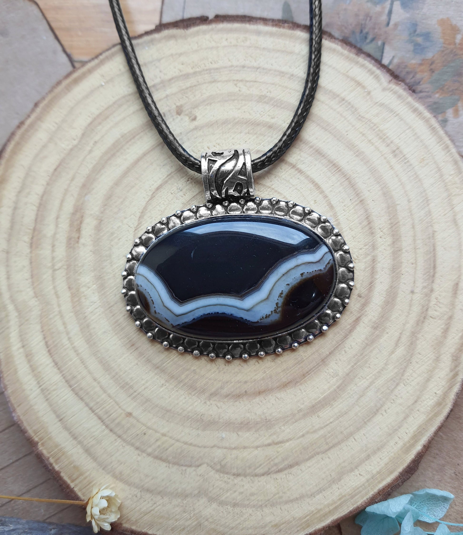 Botswana Agate Pendant In Sterling Silver Boho Crystal Necklace Unique Gift Unisex Necklace