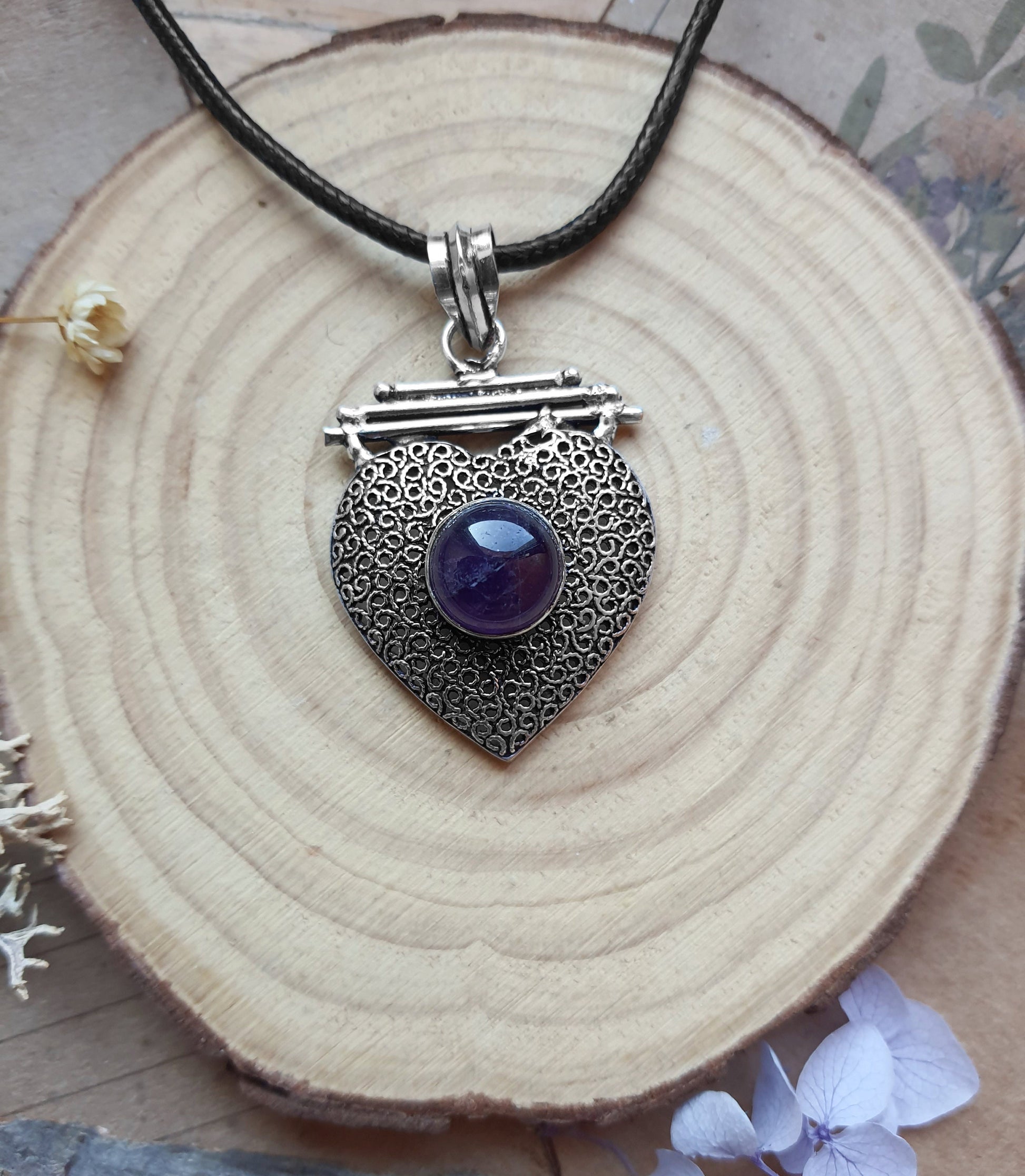 Amethyst Heart Statement Pendant Sterling Silver Crystal Necklace Boho Necklace Teardrop Pendant GypsyJewelry Unique Gift