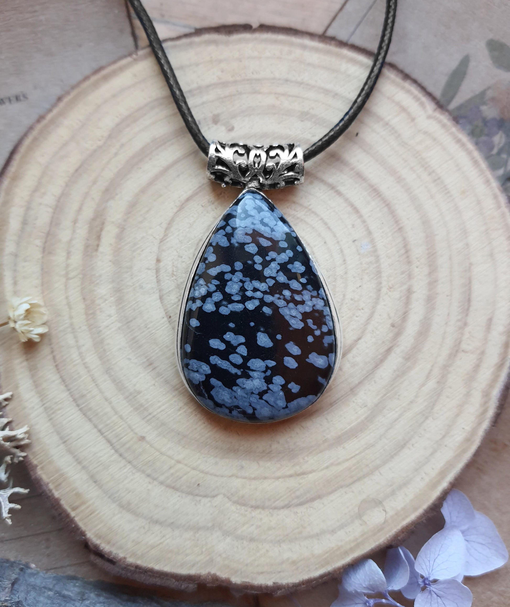 Snowflake Obsidian In Sterling Silver Boho Pendant Unisex Necklace One Of A Kind Gift