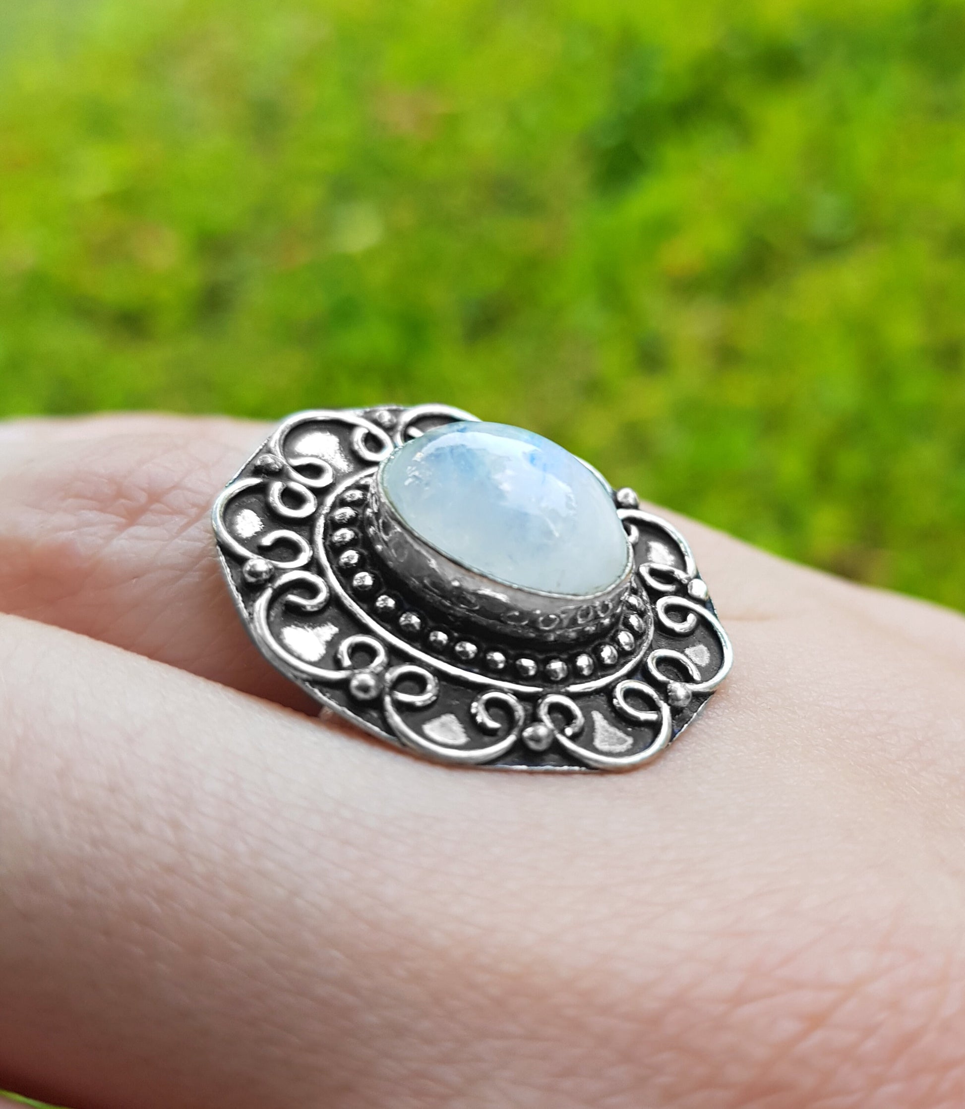 Moonstone Statement Ring In Sterling Silver Boho Ring Size US 7 3/4 GypsyJewelry Unique Gift Geometric Ring