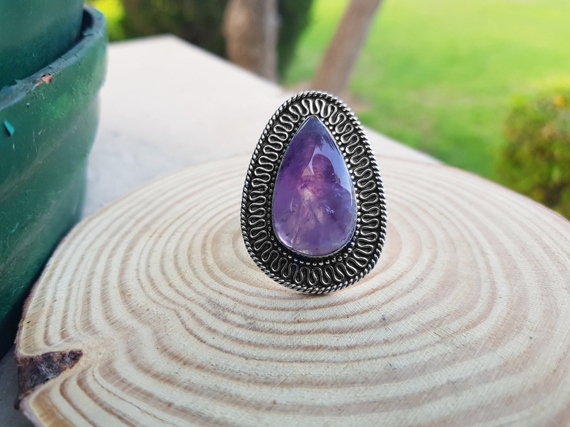 Natural Amethyst Ring Big Statement Ring Size US 8 Sterling Silver Gemstone Ring Boho Rings Unique Gift For Women One Of A Kind Jewelry