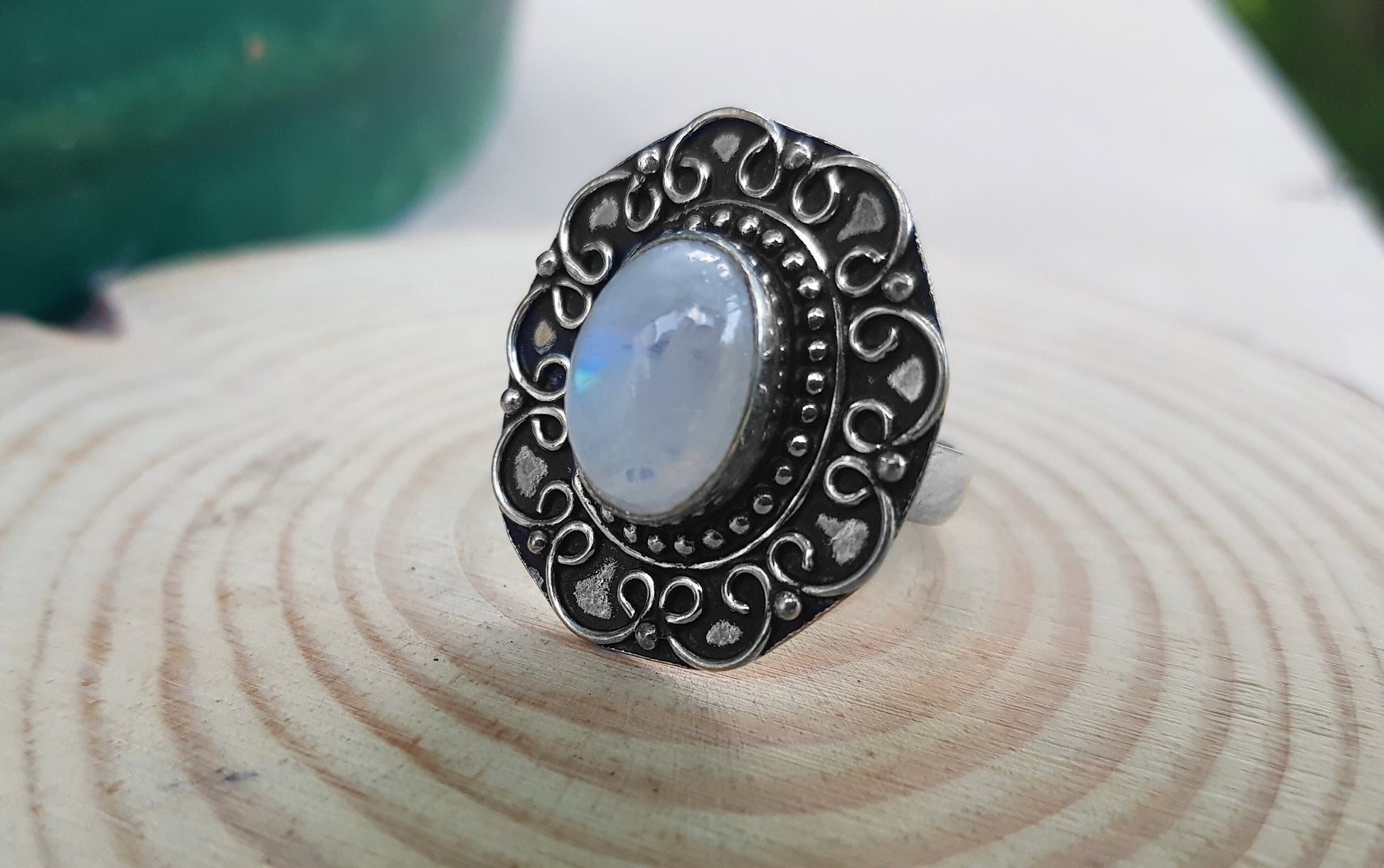 Moonstone Statement Ring In Sterling Silver Boho Ring Size US 7 3/4 GypsyJewelry Unique Gift Geometric Ring