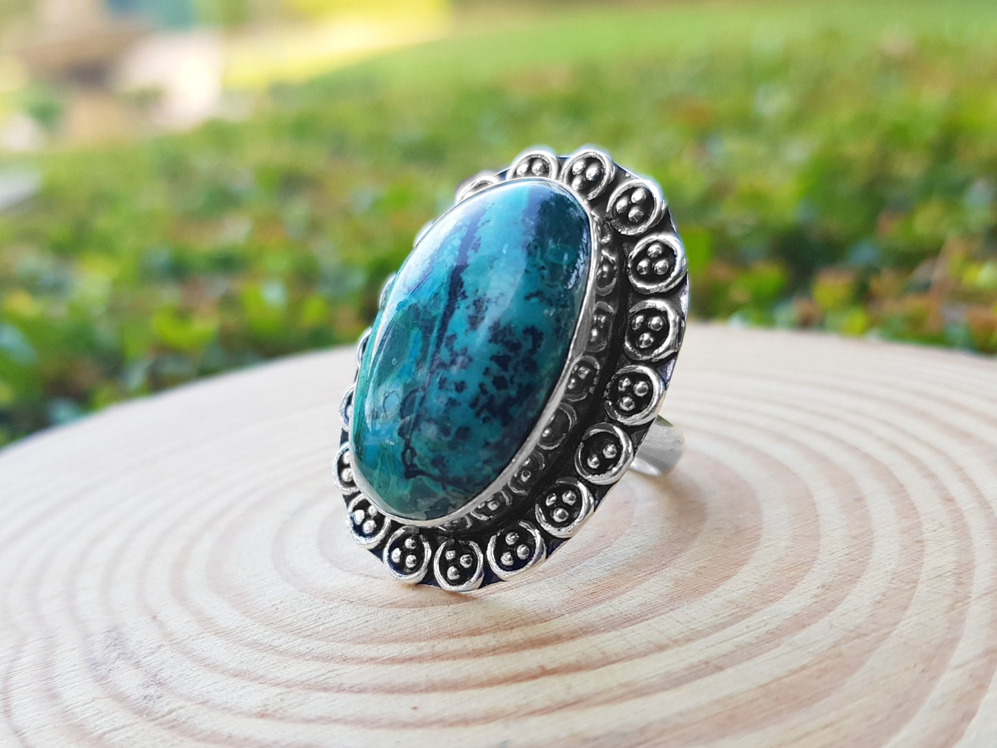 Natural Azurite Ring In Sterling Silver Size US 7 1/2 Statement Ring One Of A Kind Ring