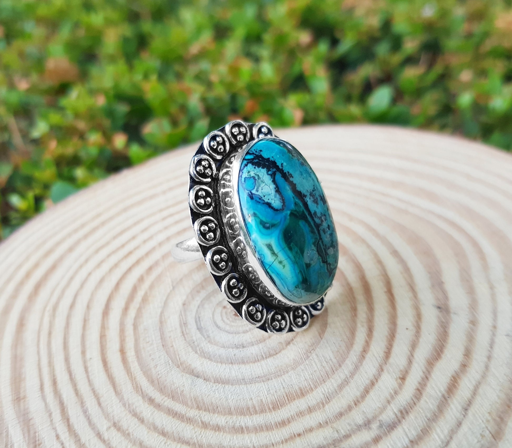 Natural Azurite Ring In Sterling Silver Size US 7 1/2 Statement Ring One Of A Kind Ring