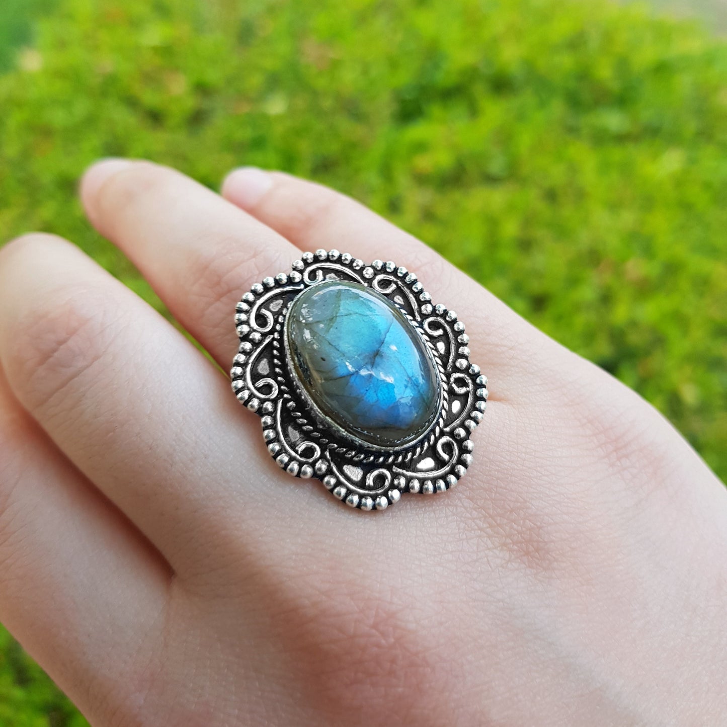 Labradorite Gemstone Ring In Sterling Silver Size US 8 1/2, Statement Ring, Crystal Ring, Boho Rings, Gypsy Jewelry Unique Gift