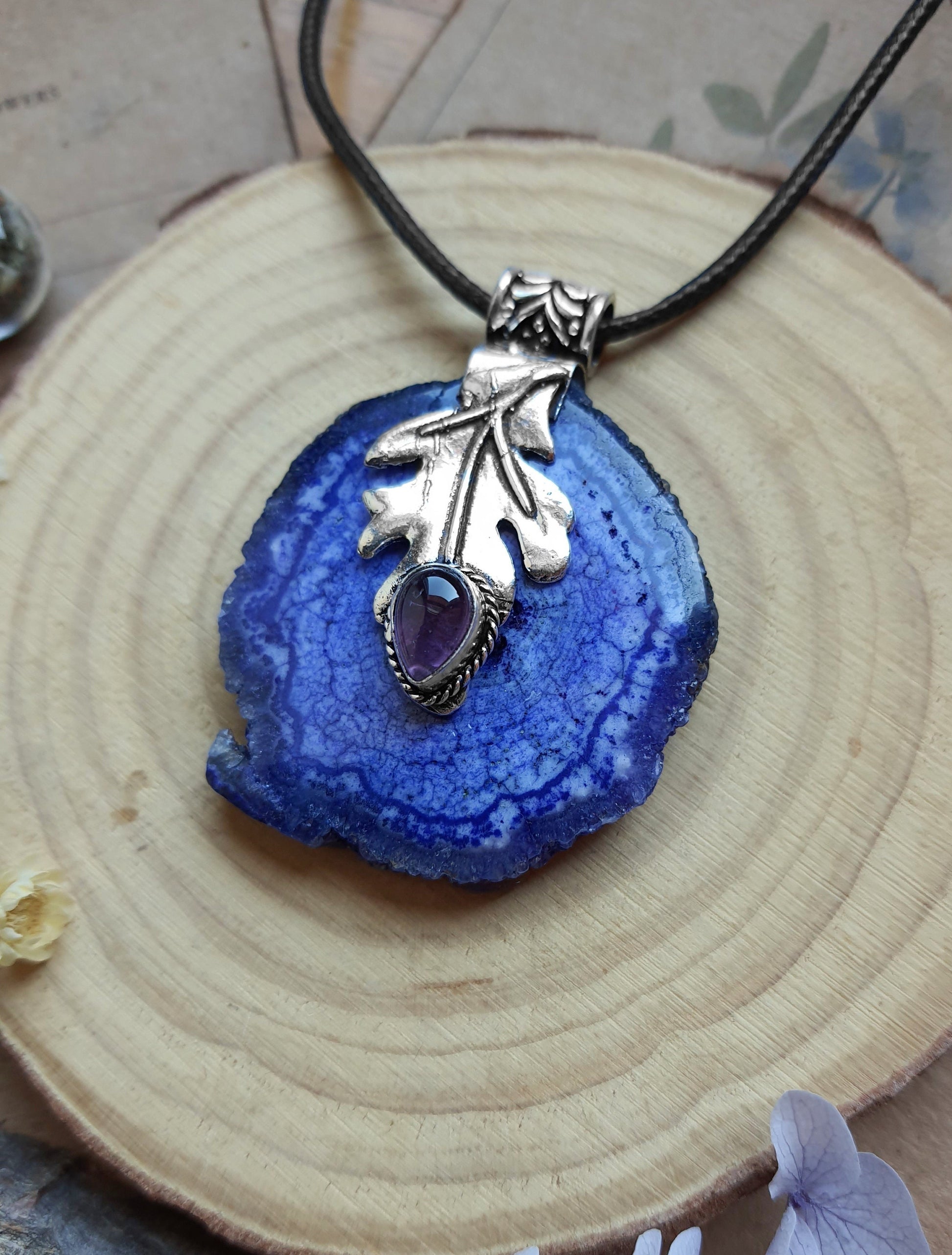 Blue Solar Agate And Amethyst Statement Pendant In Sterling Silver