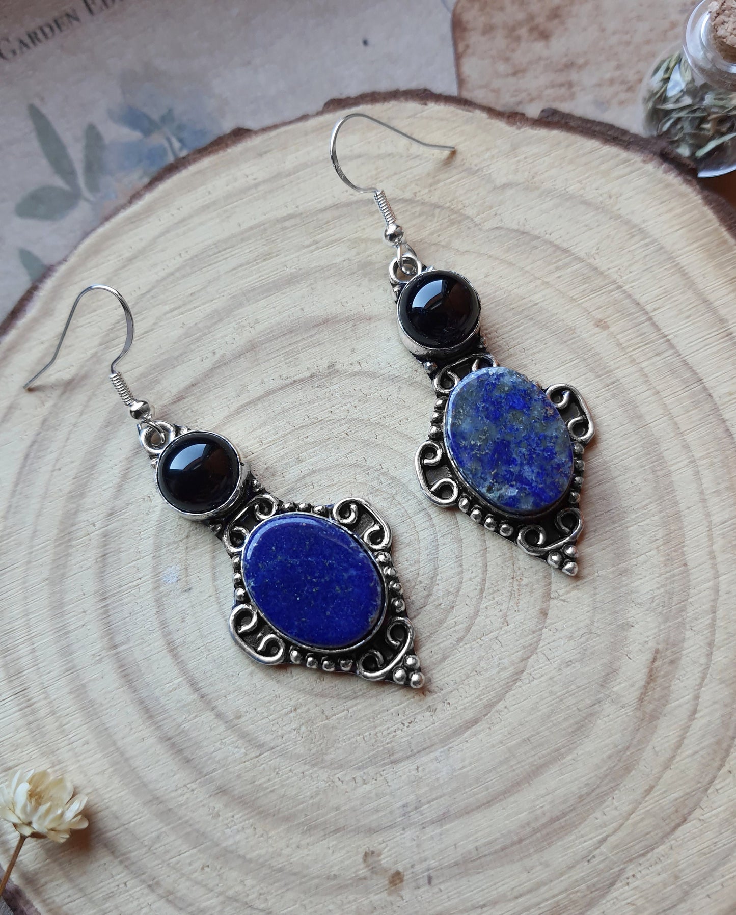 Lapis Lazuli And Onyx Dangle Earrings In Sterling Silver Boho Gemstone Earrings