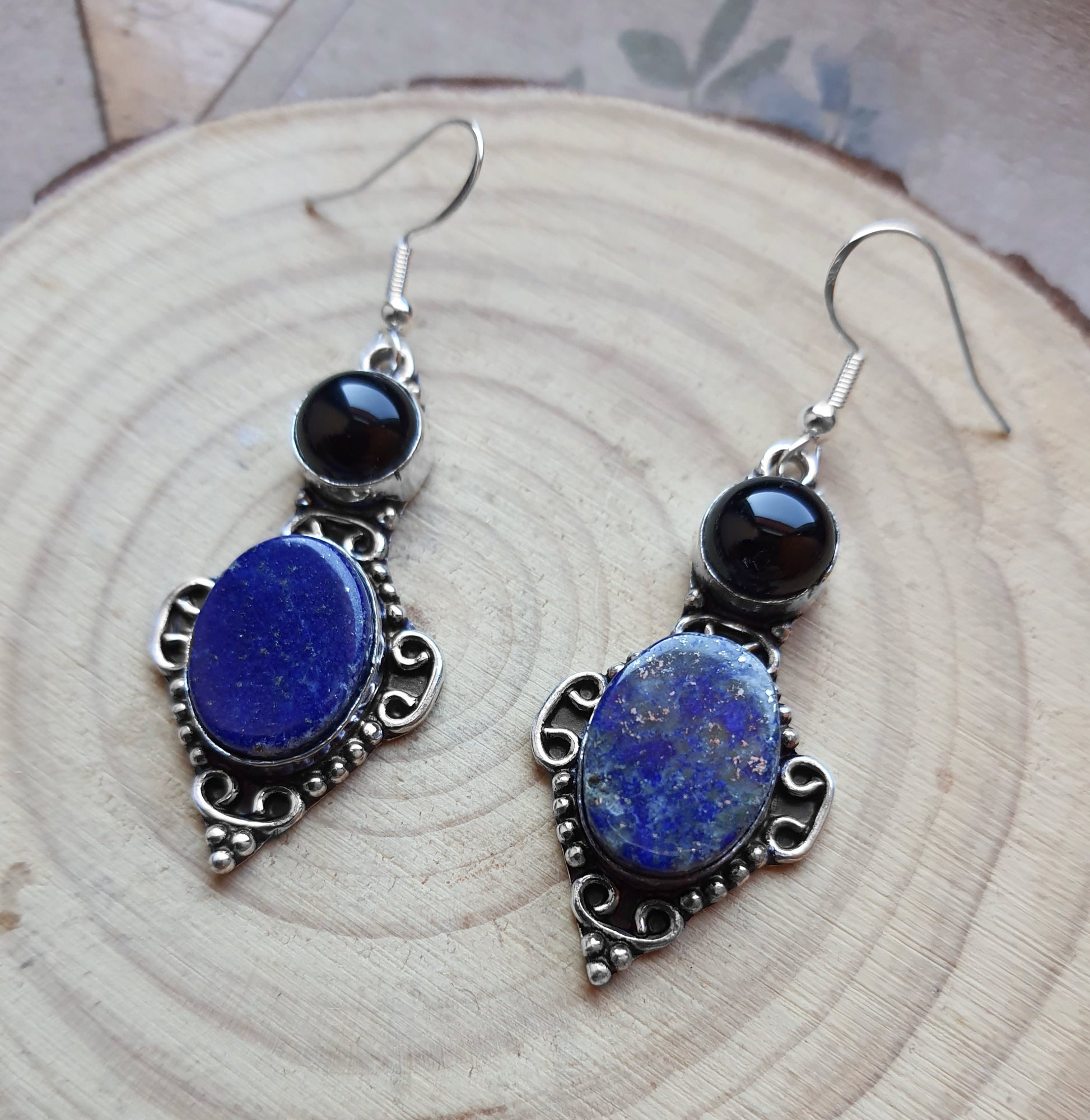 Lapis Lazuli And Onyx Dangle Earrings In Sterling Silver Boho Gemstone Earrings