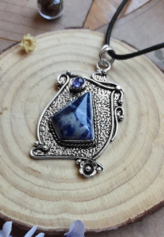 Big Sodalite And Amethyst Pendant In Sterling Silver Boho Crystal Necklace Unique Gift For Women GypsyJewelry
