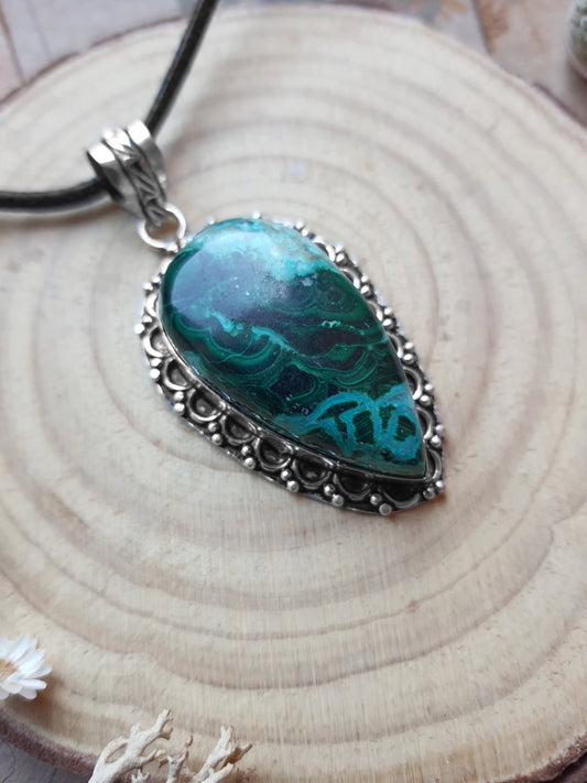 Malachite Pendant In Sterling Silver Oval Necklace Boho Gift Blue Pendant GypsyJewelry Unique Gift For Her