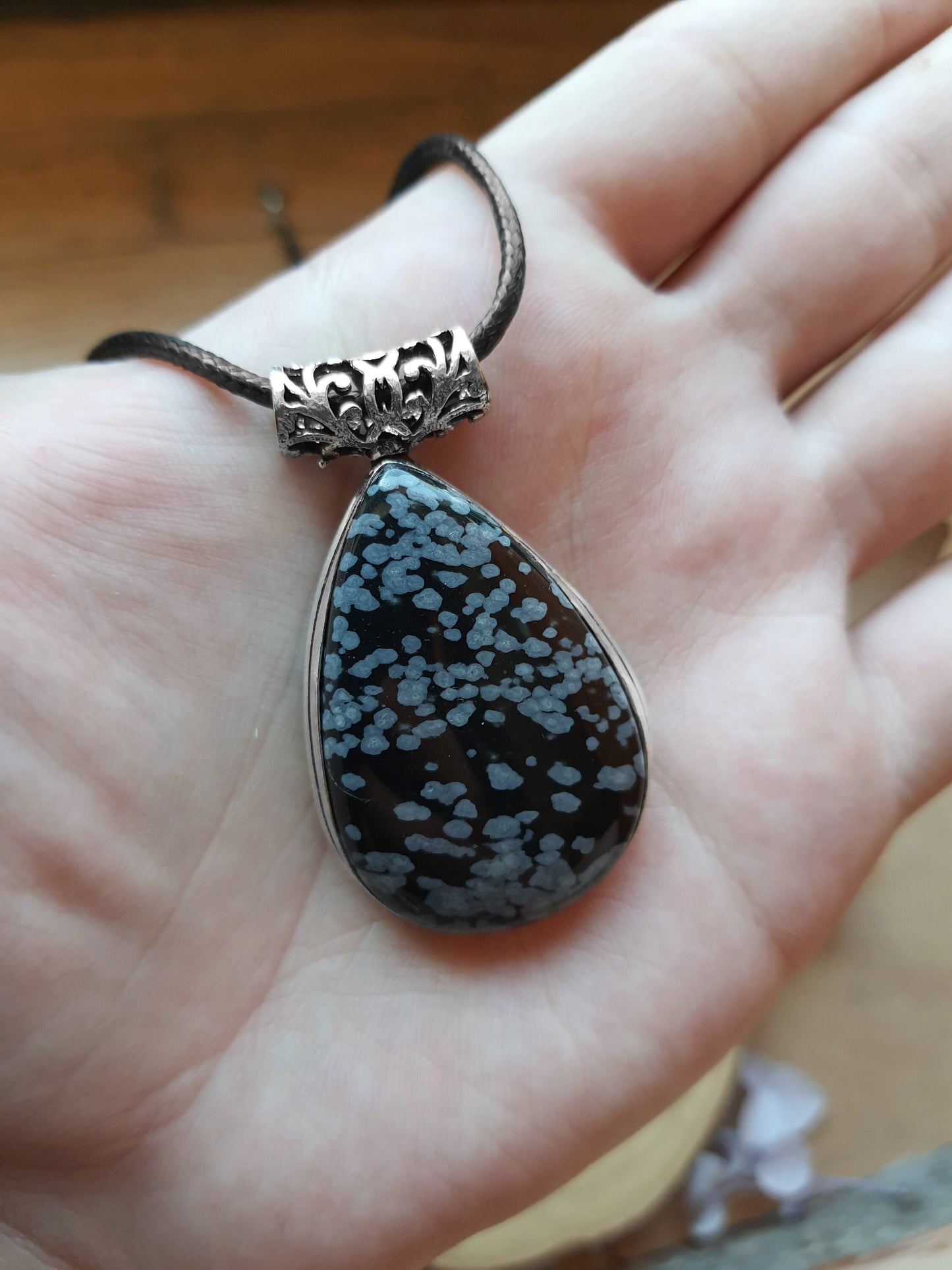 Snowflake Obsidian In Sterling Silver Boho Pendant Unisex Necklace One Of A Kind Gift