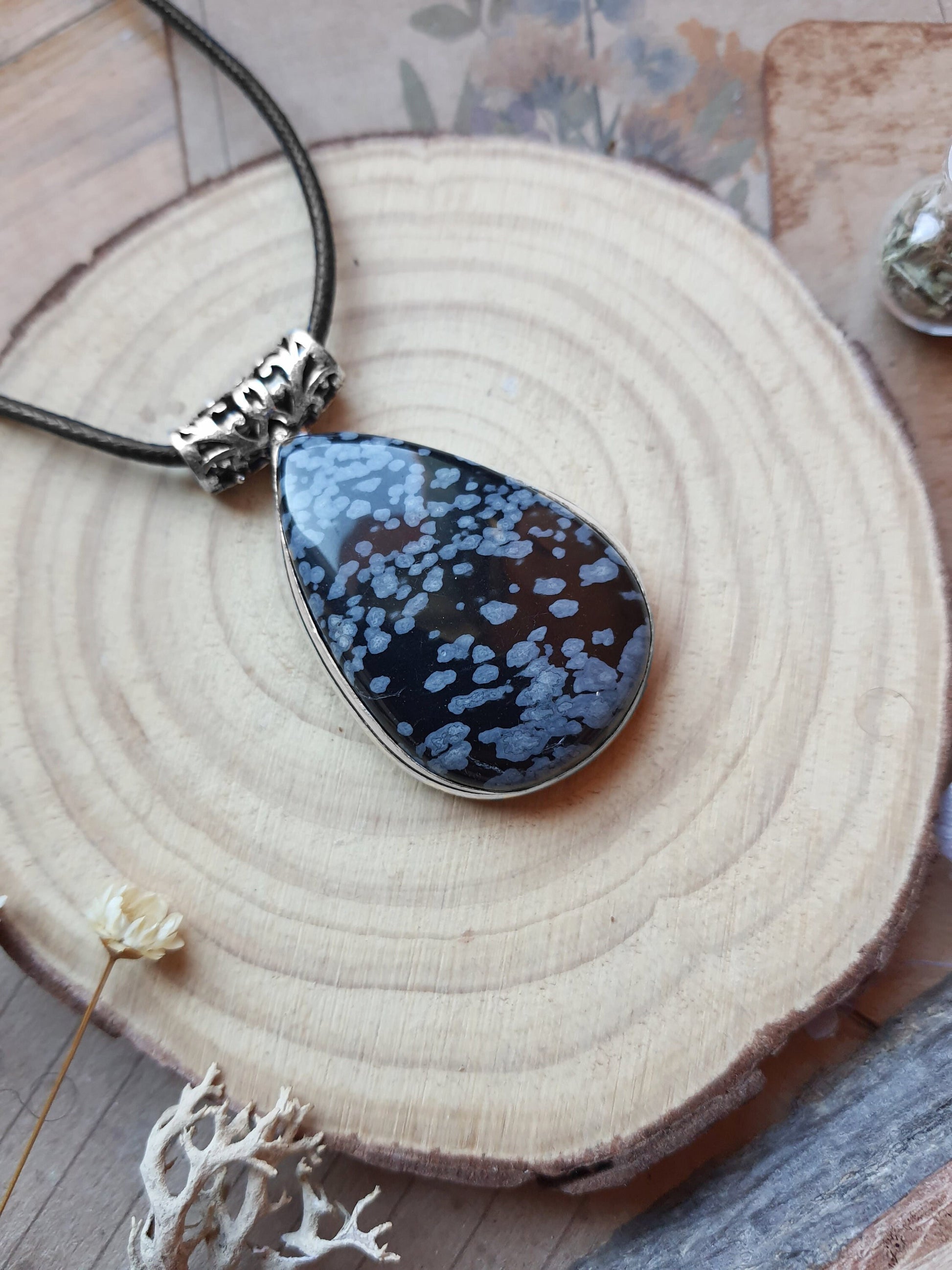 Snowflake Obsidian In Sterling Silver Boho Pendant Unisex Necklace One Of A Kind Gift