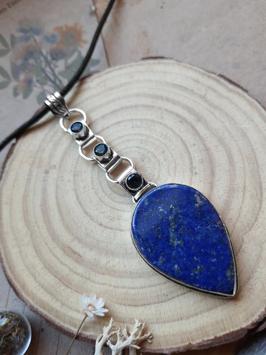 Long Lapis Lazuli Necklace With Mystic Quartz Statement Necklace In Sterling Silver