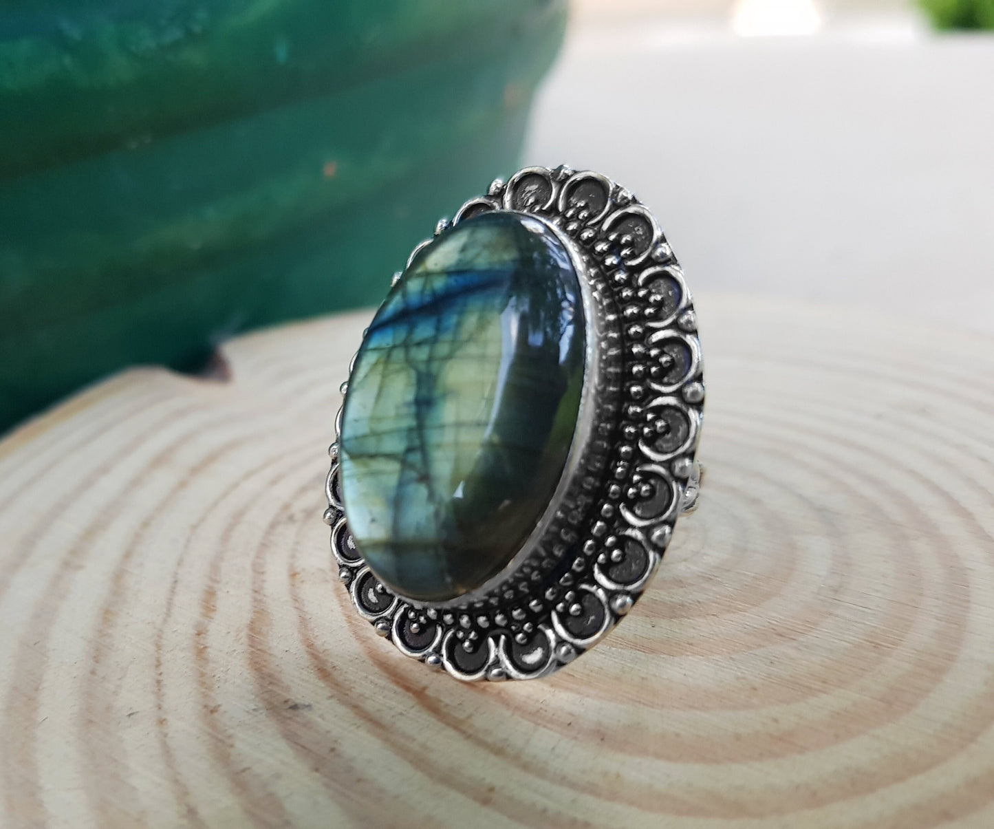 Labradorite Gemstone Ring In Sterling Silver Size US 8 3/4, Statement Ring, Crystal Ring, Boho Rings, Gypsy Jewelry Unique Gift