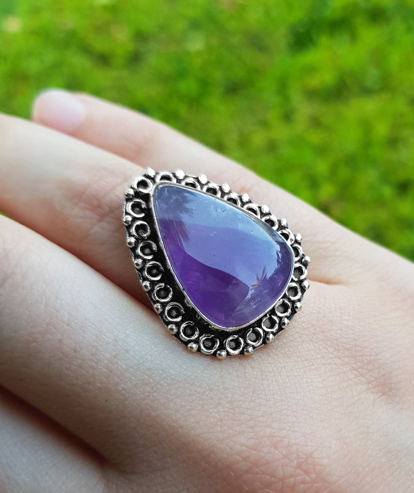 Amethyst Gemstone Ring Big Statement Ring In Sterling Silver Boho Ring Size US 8 3/4 One Of A Kind Gift Unique Jewellery
