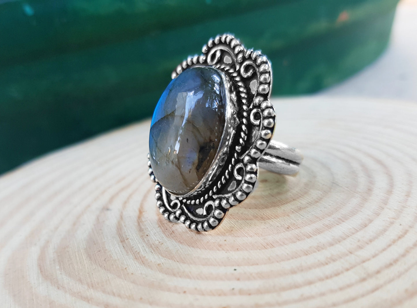 Labradorite Gemstone Ring In Sterling Silver Size US 8 1/2, Statement Ring, Crystal Ring, Boho Rings, Gypsy Jewelry Unique Gift