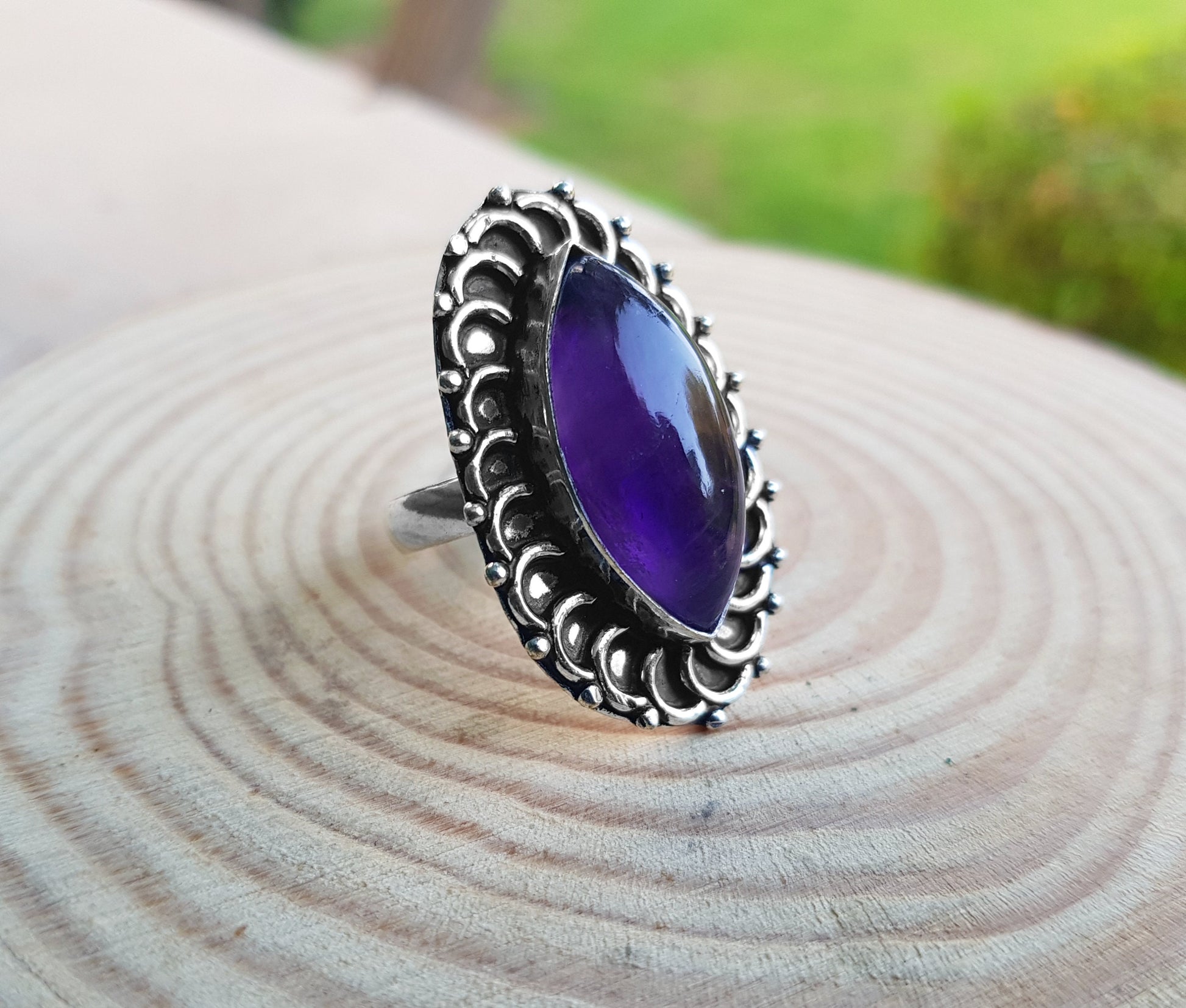 Amethyst Gemstone Ring Statement Ring In Sterling Silver Boho Ring Size US 8 3/4 One Of A Kind Gift Unique Jewellery