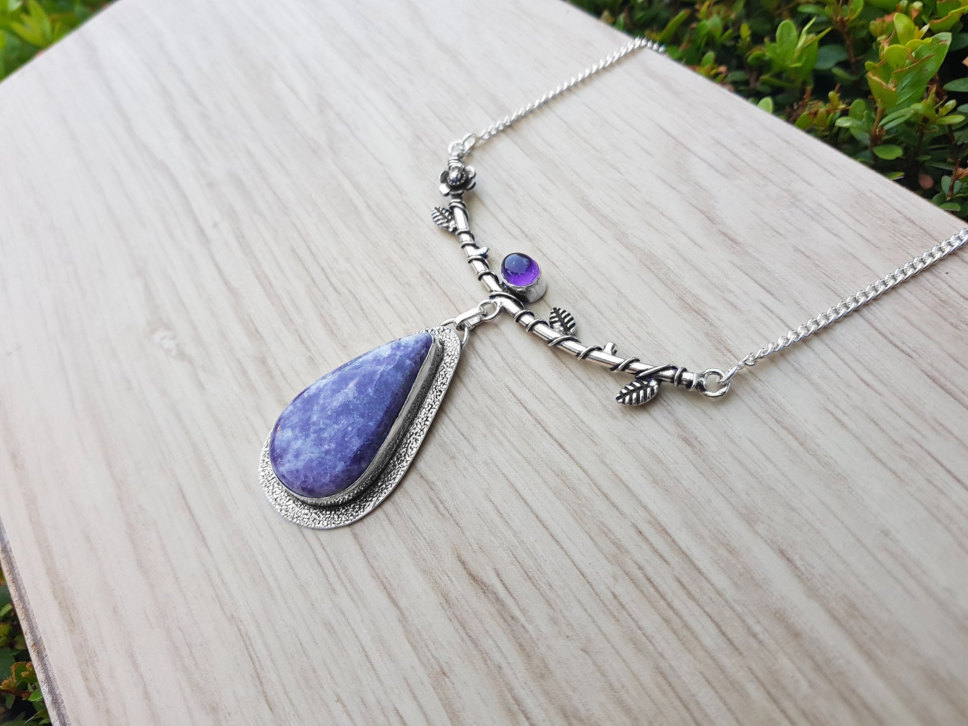 Charoite And Amethyst Necklace Tree Statement Necklace In Sterling Silver