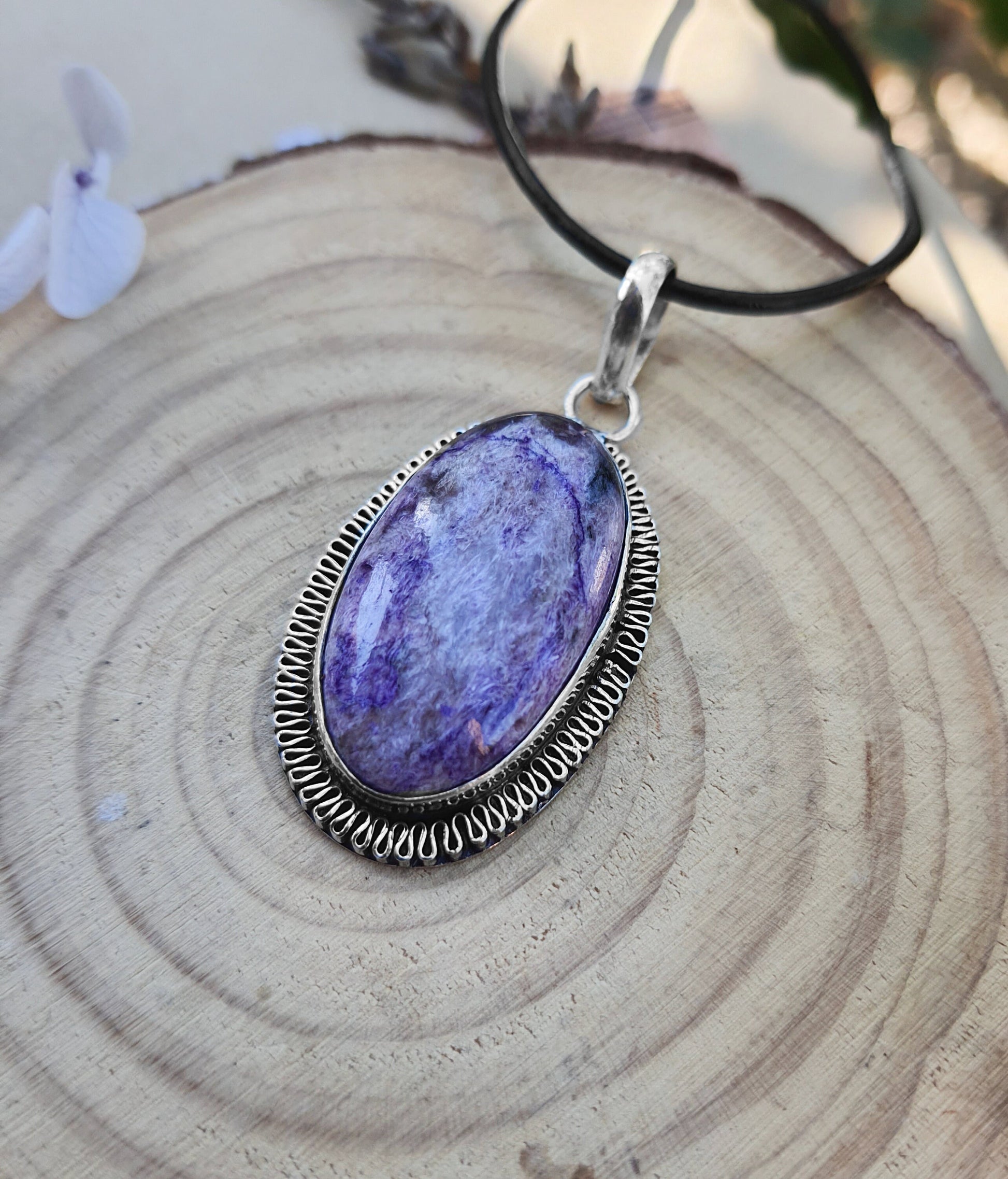 Charoite Statement Necklace Sterling Silver Oval Pendant Boho Gemstone Necklace Ethnic Pendant Unique Gift