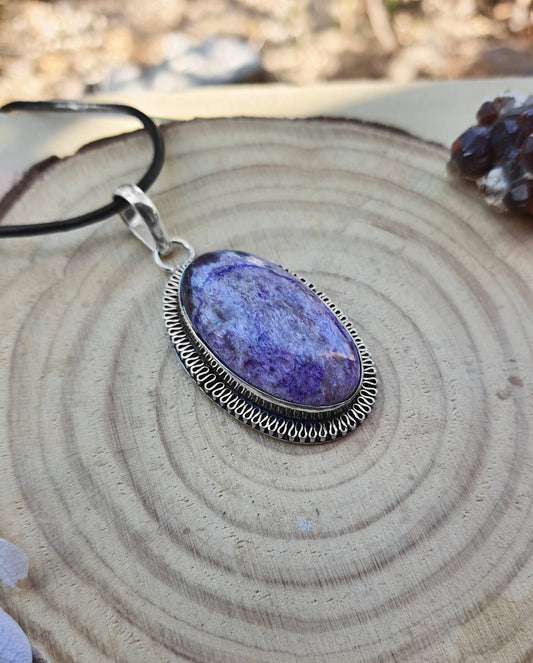 Charoite Statement Necklace Sterling Silver Oval Pendant Boho Gemstone Necklace Ethnic Pendant Unique Gift