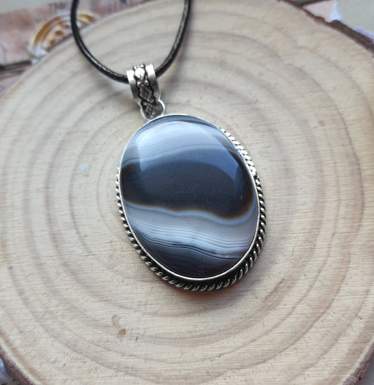 Botswana Agate Pendant In Sterling Silver Boho Crystal Necklace Unique Gift Unisex Necklace