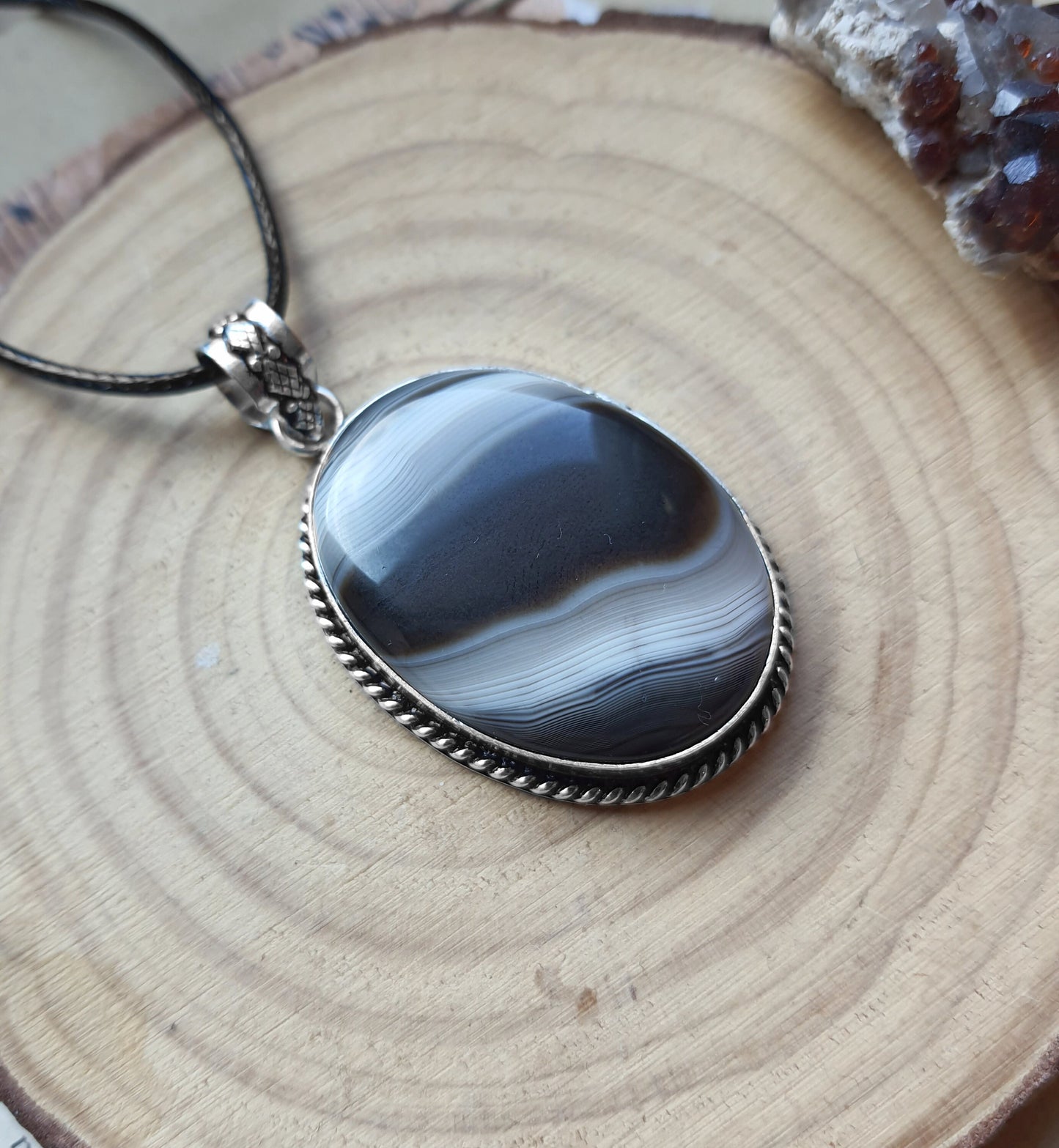 Botswana Agate Pendant In Sterling Silver Boho Crystal Necklace Unique Gift Unisex Necklace